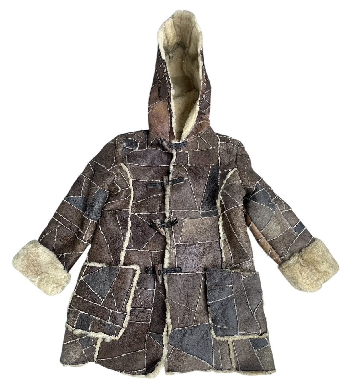 Japanese Brand Stewart Richer Shearling Brown Leather Patchwork Hooded Coat Size US M / EU 48-50 / 2 - 1 Thumbnail