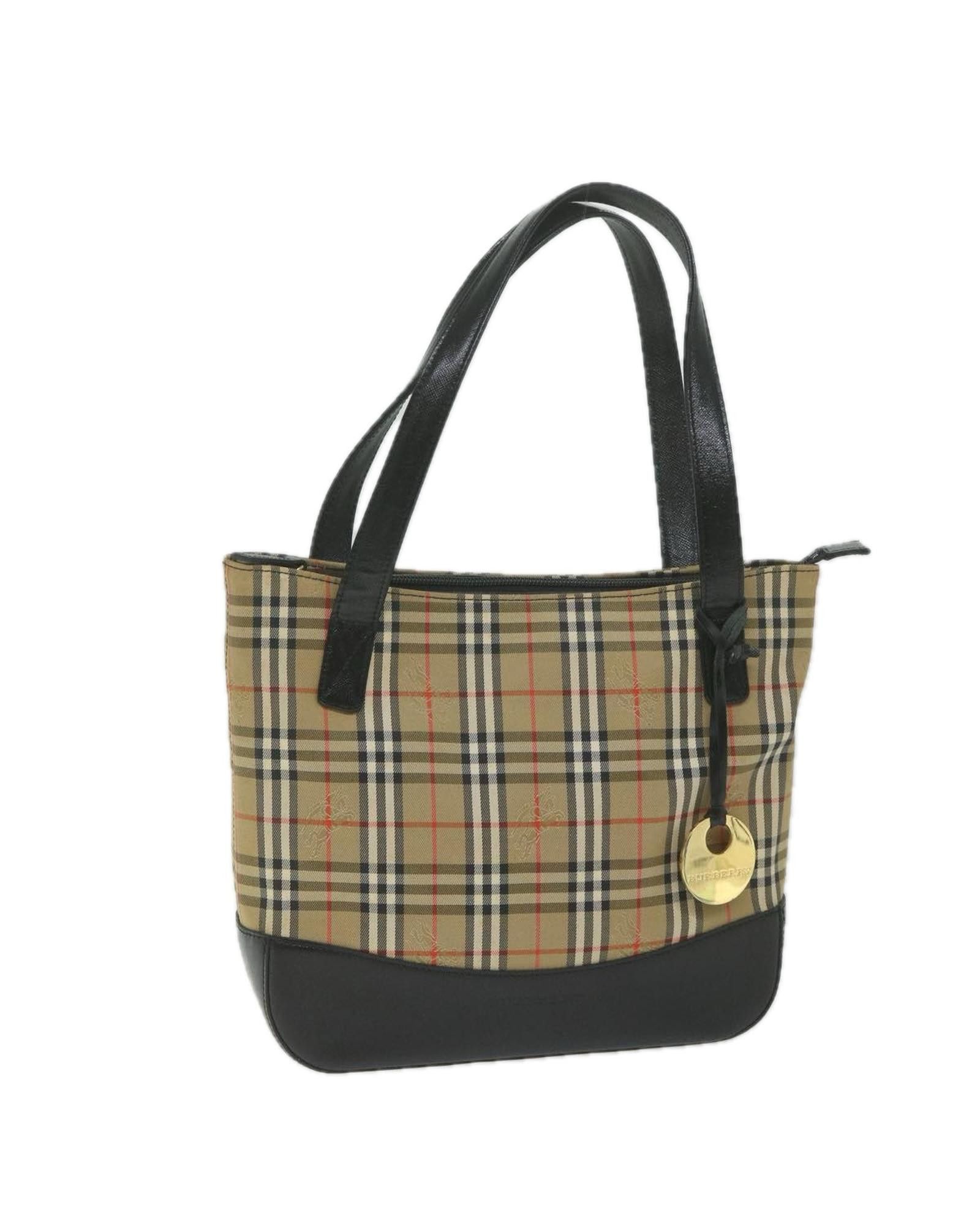 image of Burberry Beige Nylon And Leather Hand Bag With Iconic Check Print, Women's