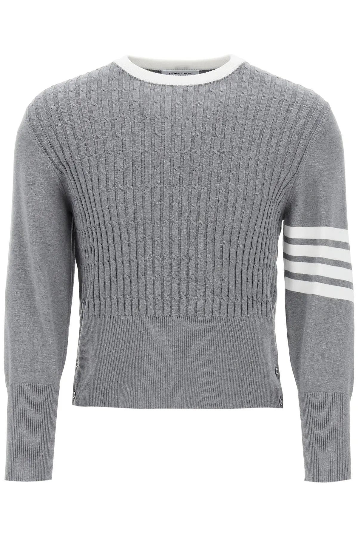 image of Thom Browne O1S22I1N0124 Placed Baby Cable 4-Bar Cotton Sweater In Grey, Men's (Size Small)