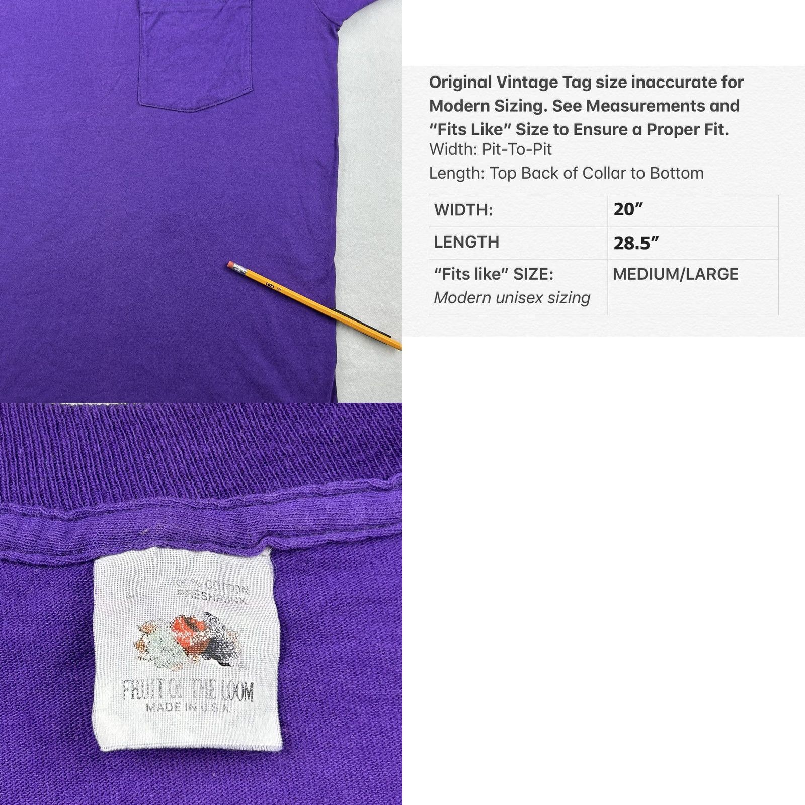 Fruit Of The Loom VINTAGE purple POCKET T-Shirt M/L Men Short Sleeve Cotton 80s 90s Fruit of the Loom Shirt Mens Size US M / EU 48-50 / 2 - 8 Thumbnail