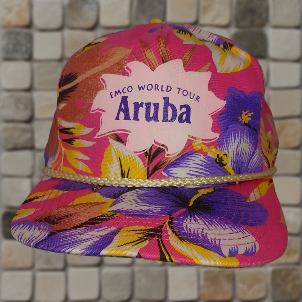 Vintage VINTAGE EMCO World Tour Aruba Cap Pink Purple Floral Canvas Trucker Beach NWOT Adjustable Unisex Adults Cobra Cap Capac? Size ONE SIZE - 1 Thumbnail