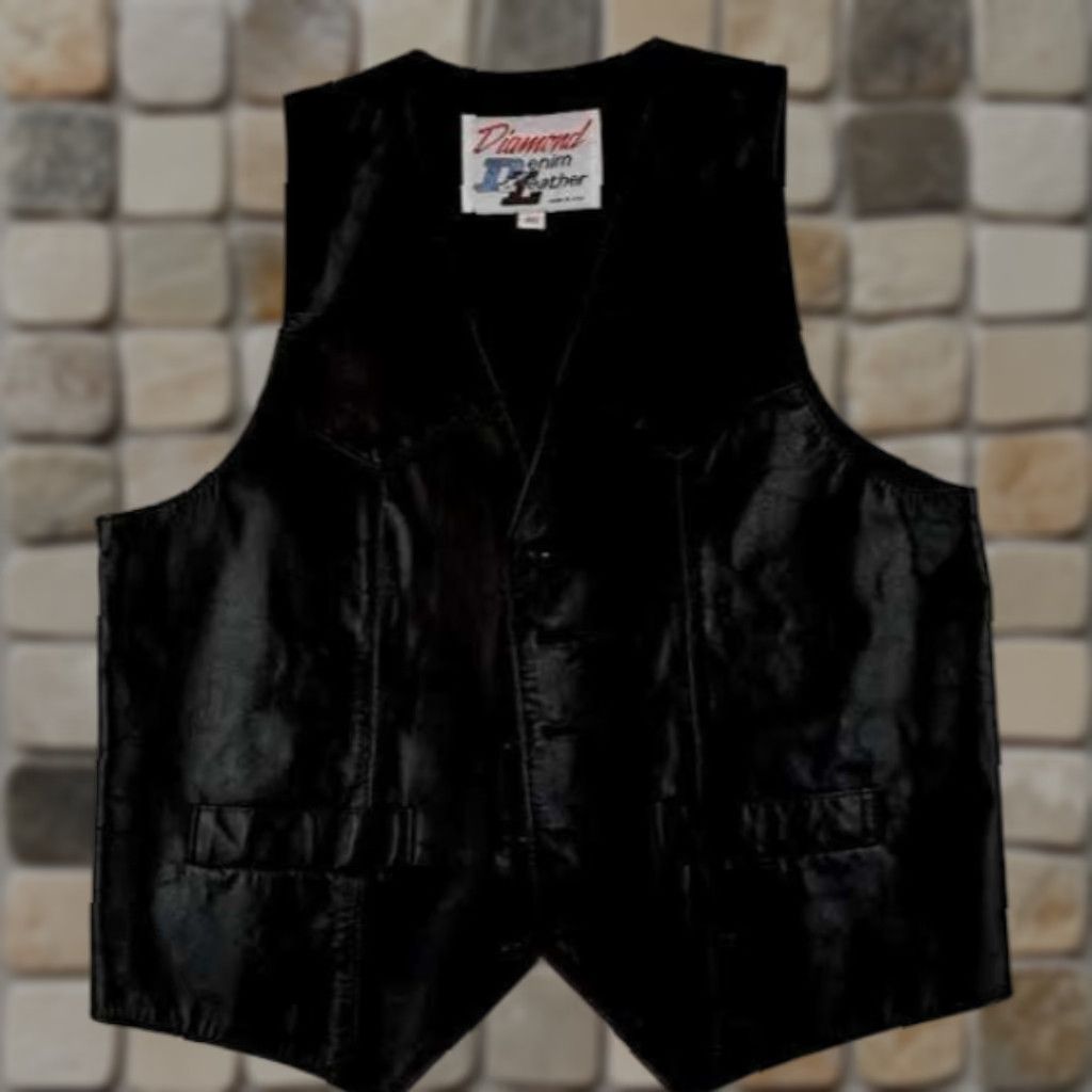 Vintage Diamond Vest Black Leather full button Diamond Denim&Leather Vest 40 Mens Biker ect. Size US XXS / EU 40 - 1 Thumbnail