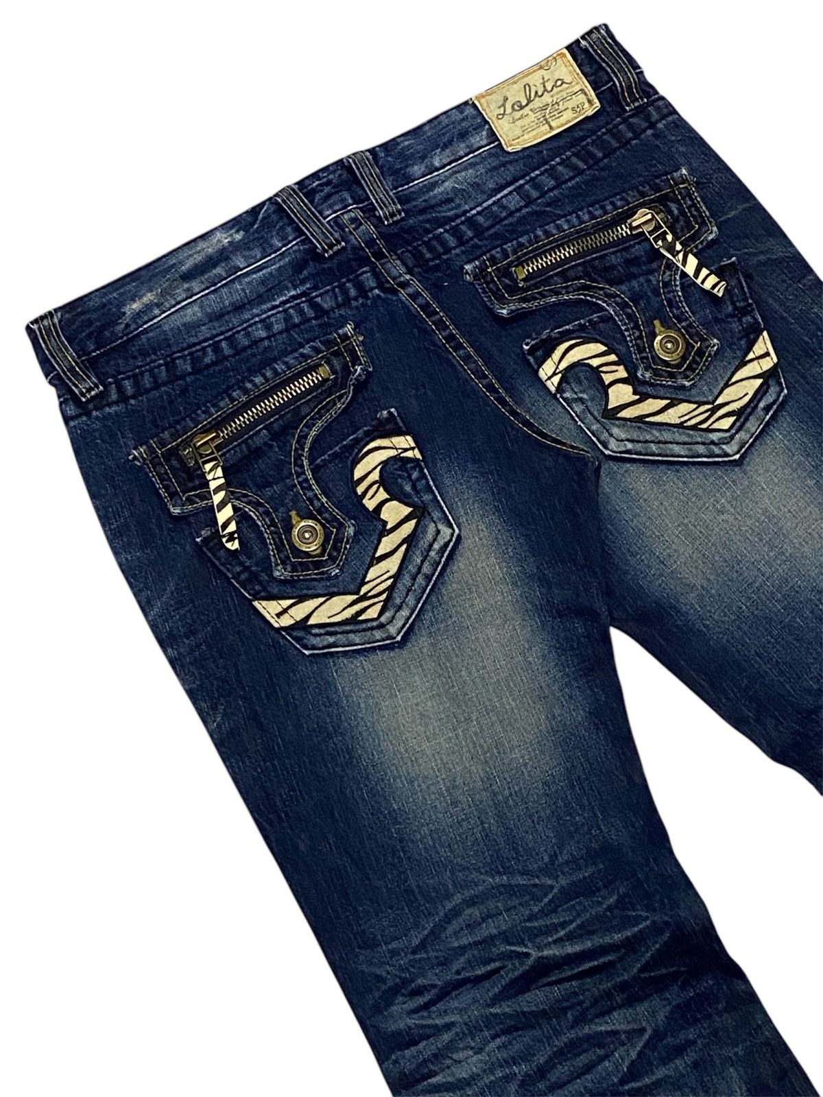 Hysteric Glamour Super Flare💃Lolita Zebra Pocket Distressed Denim Pants Size US 35 - 9 Thumbnail