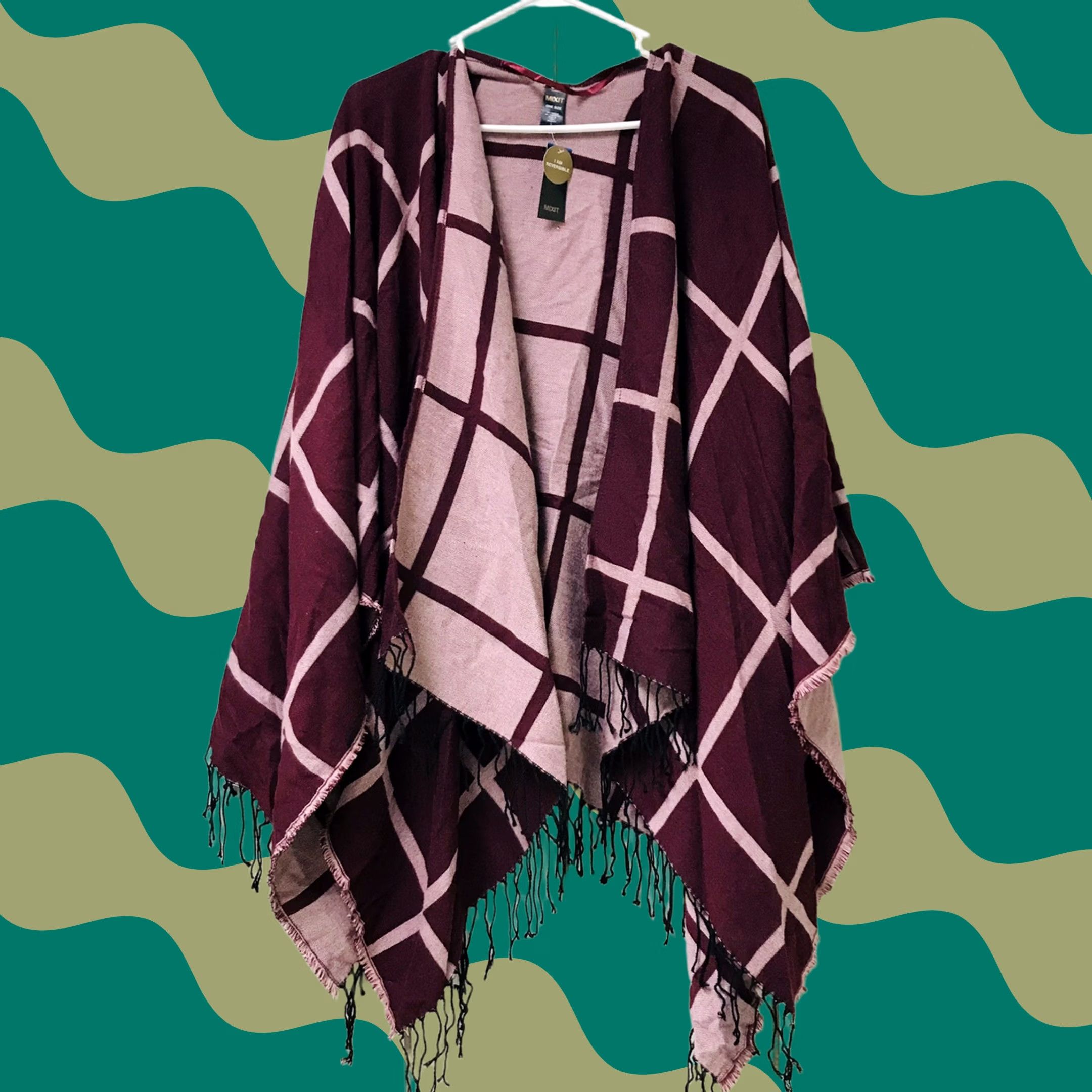 Vintage VINTAGE Mixit Women Burgundy Windowpane Plaid Fringe Knit Reversible Pashmina Shawl Wrap Size ONE SIZE - 1 Thumbnail