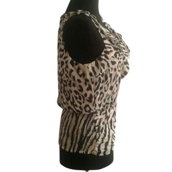 White House Black Market WHBM XS Blouse Leopard Print Sleeveless Ruffled Neckline Smo Size XS / US 0-2 / IT 36-38 - 4 Thumbnail