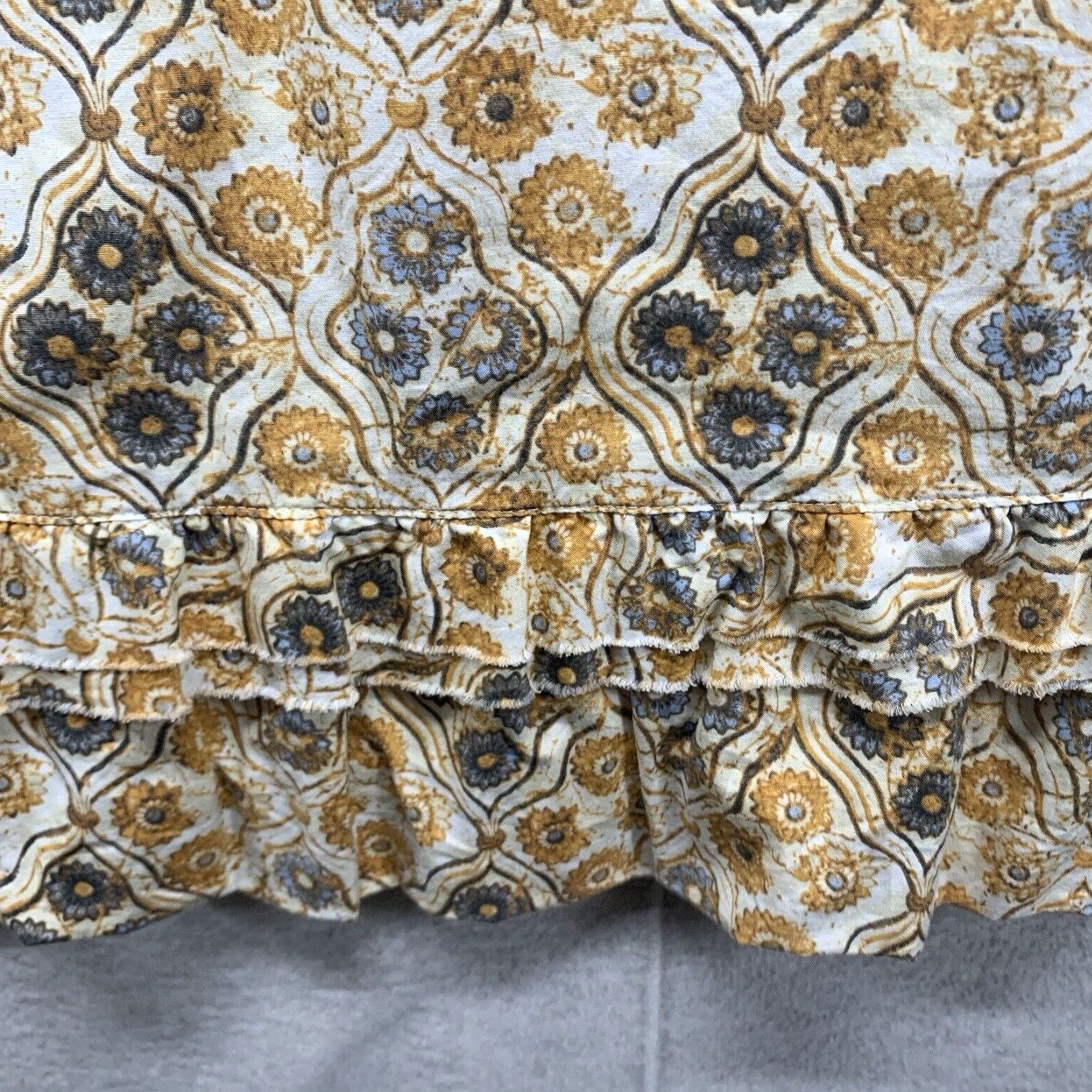 Vintage Patrick Robinson Women's Floral Midi Dress Yellow Blue Ruffle Empire Waist Stretch Cotton Blend Size M / US 6-8 / IT 42-44 - 6 Thumbnail