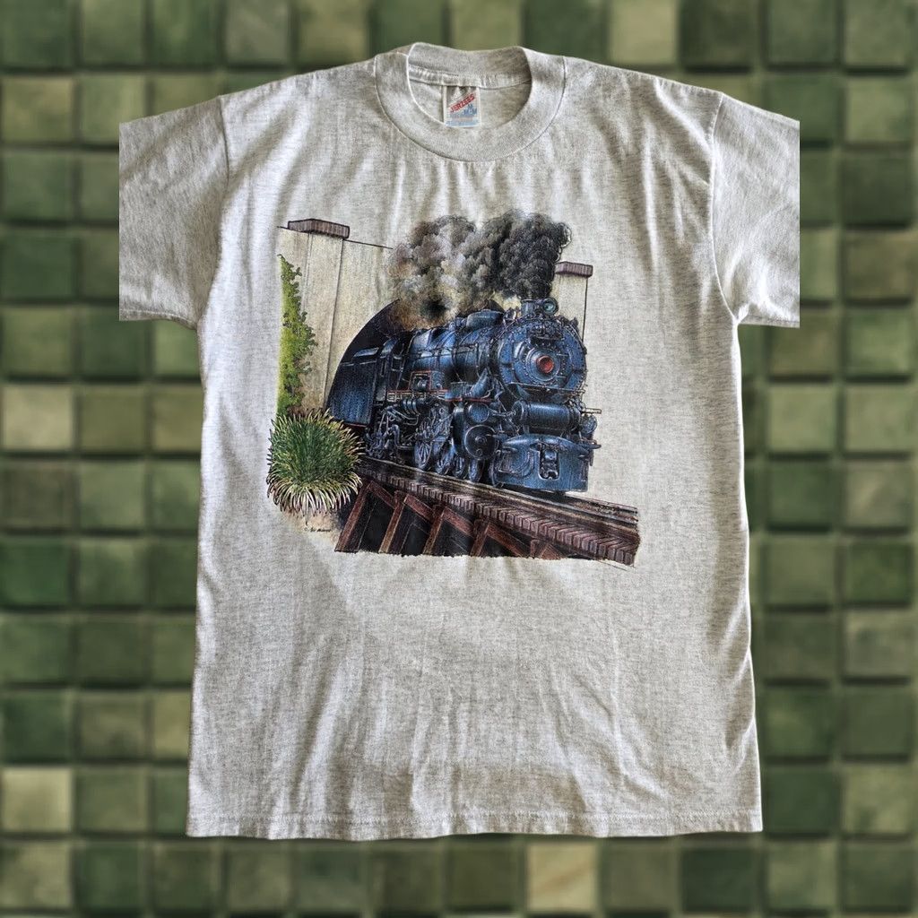 Jerzees VINTAGE Steam Engine Train T-shirt Shirt Unisex Gray 80s 90s M Adult Medium Graphic Tee Jerzees Shirts Mens Womens Size US M / EU 48-50 / 2 - 1 Thumbnail