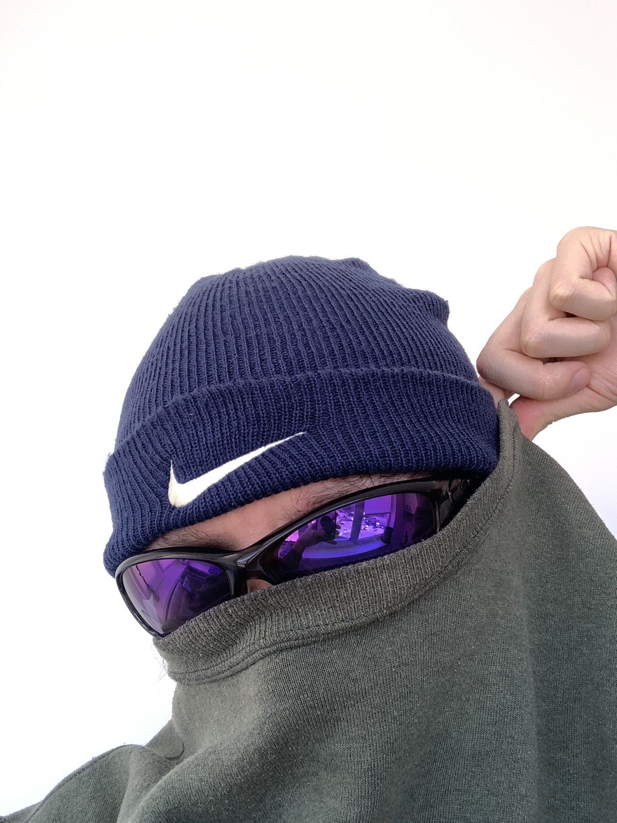 Nike × Vintage 90s Nike rib knit hat big swoosh navy blue