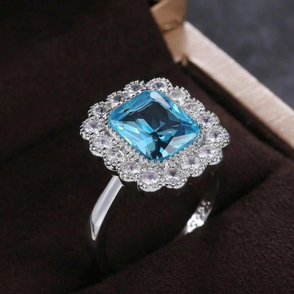 Designer Blue Inlaid Aquamarine Rhinestone Silver Ring - Size 5 Size ONE SIZE - 2 Thumbnail