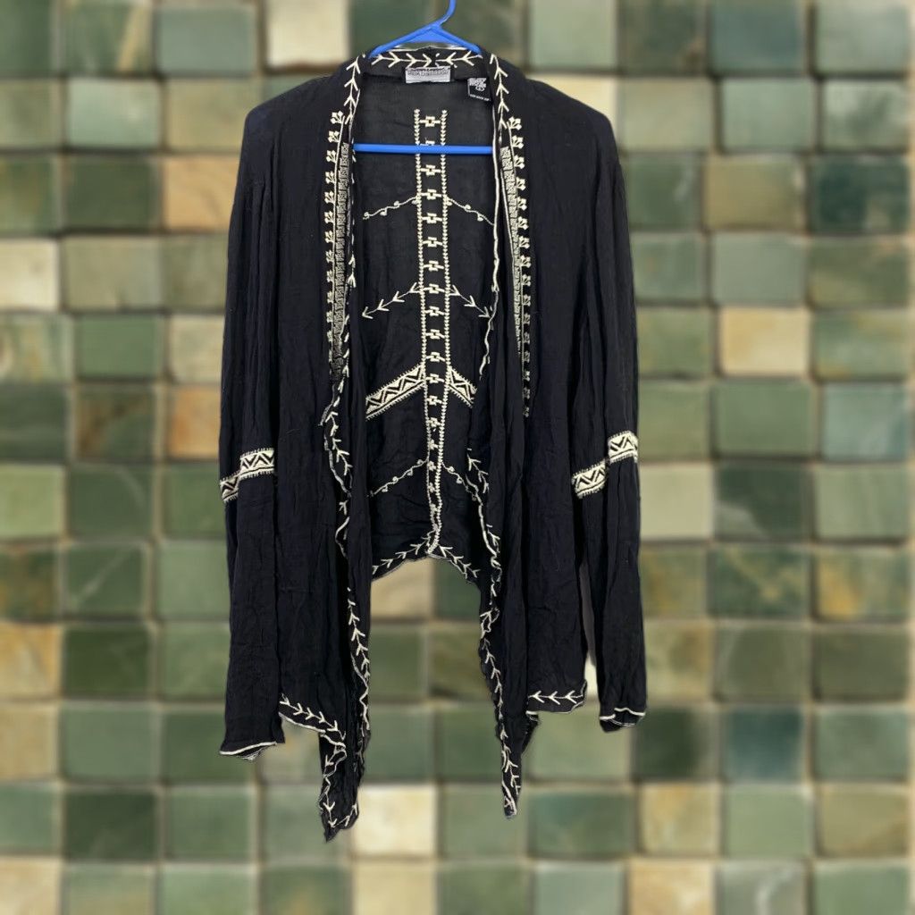 Vintage VINTAGE New Direction Cardigan Embroidered Black Open Front Flyaway Hi Lo Large NWT Size L / US 10 / IT 46 - 1 Thumbnail