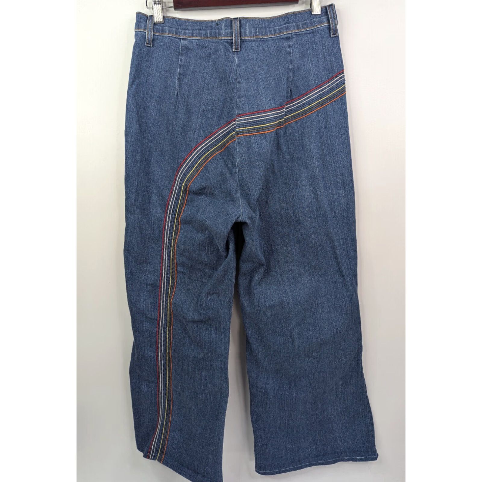 Vintage Fervour Jeans Womens Flared High Rise Denim 31/13 13 Blue Rainbow Hippie Baggy Embroidered Logo USA Size 34" / US 12 / IT 48 - 3 Thumbnail