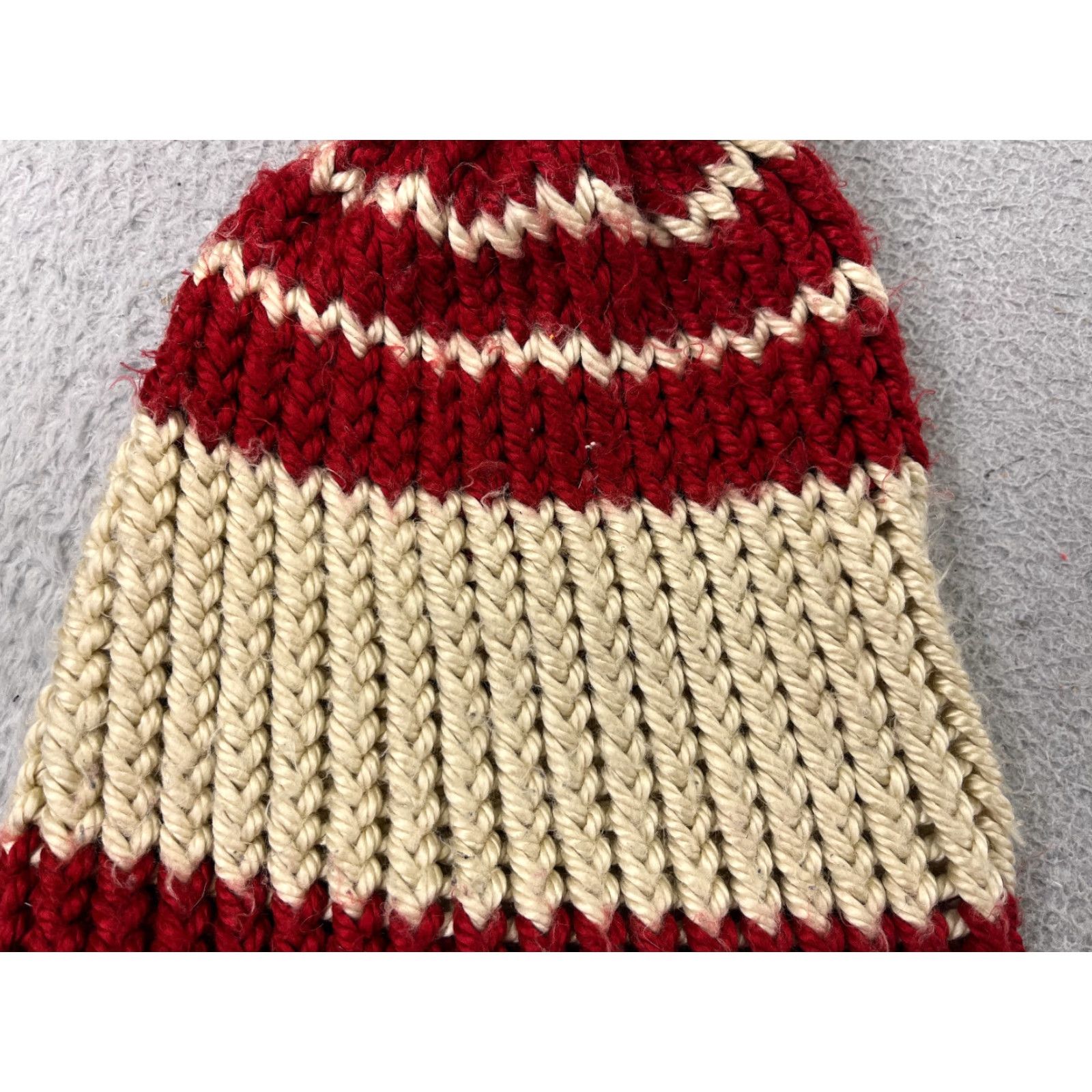 Vintage Handmade Beanie Toque Adult One Size Ivory Red Stripe Knit Acrylic Snow Ski Pom Hat Unisex Adults Winter Seasonal Mens Womens Size ONE SIZE - 2 Thumbnail