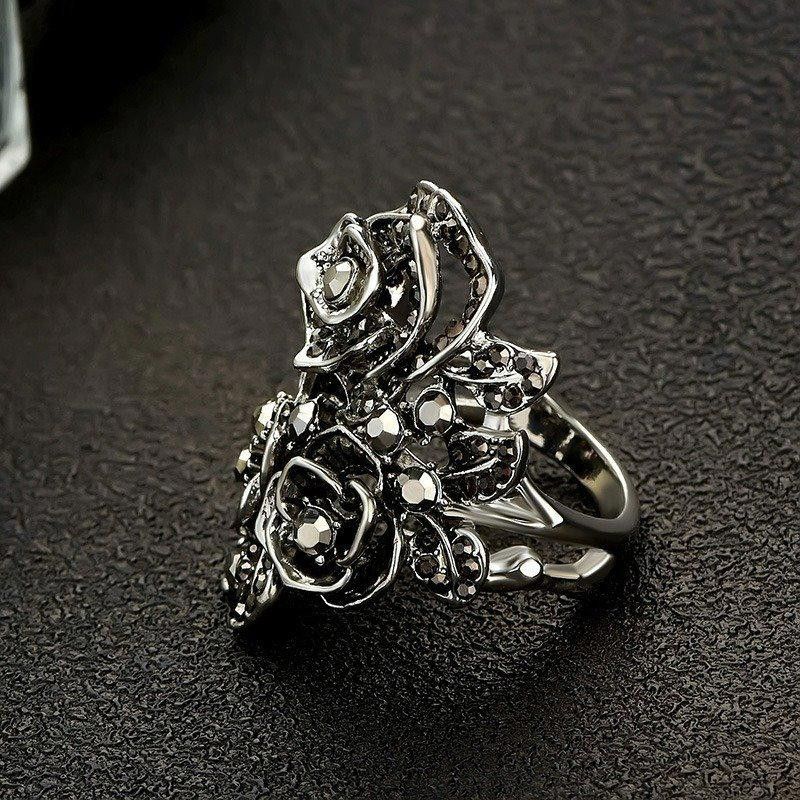 Designer 28mm Vintage Black Rose Ethnic Antique Silver Ring - Size 6 Size ONE SIZE - 6 Thumbnail