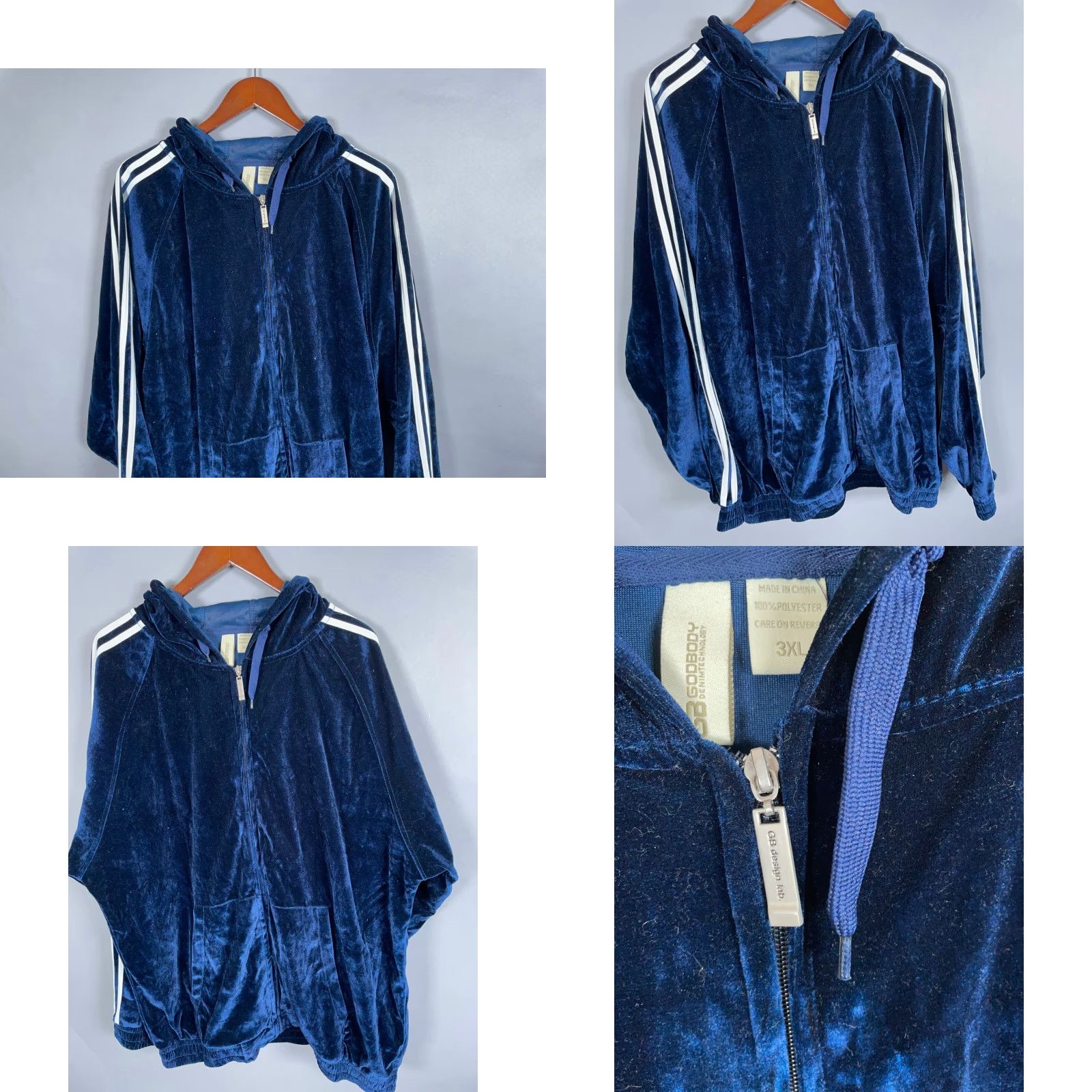 Velour VINTAGE Godbody Hoodie Main Point: Velour Zip Hoodie Men's 3XL Dark Blue White Striped Hip Hop Y2K Size US XXL / EU 58 / 5 - 8 Thumbnail