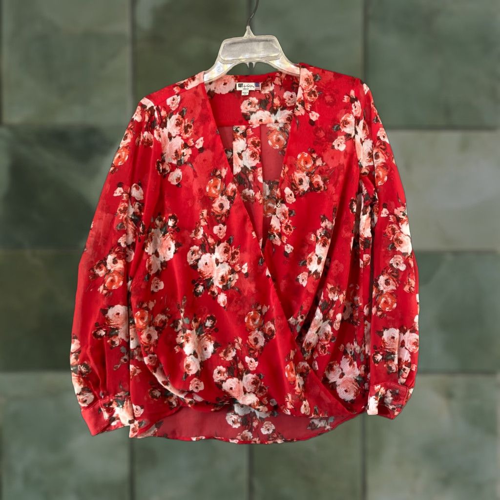 Vintage KUT from the Kloth Blouse Womens Medium Red Floral Sheer Long Sleeve V-Neck Chic Casual Shirt Size M / US 6-8 / IT 42-44 - 1 Thumbnail