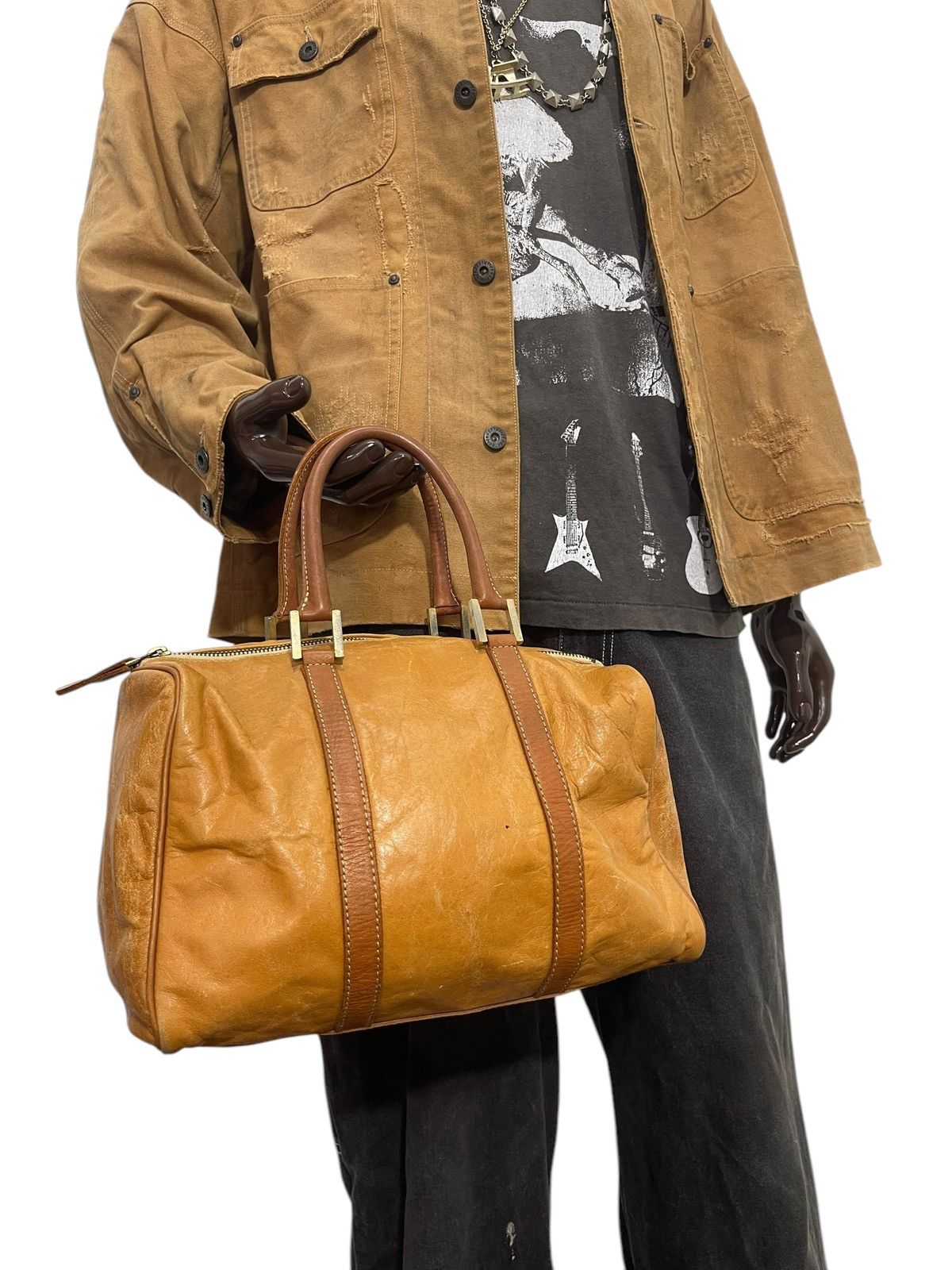 Comme Des Garcons x Genuine Leather Full Leather Patina VTG Cream Kyoto Mini Boston Bag 19 in Brown