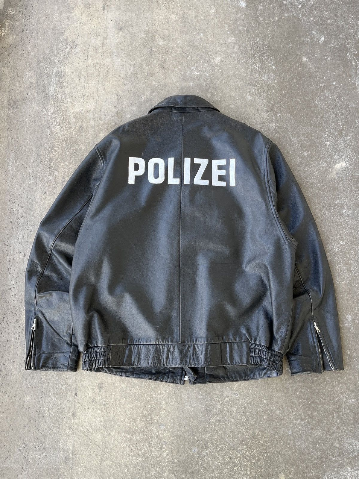 image of Leather Jacket x Police Polizei Vintage OG German Leather Boxy Black Zip Jacket, Men's (Size XL)