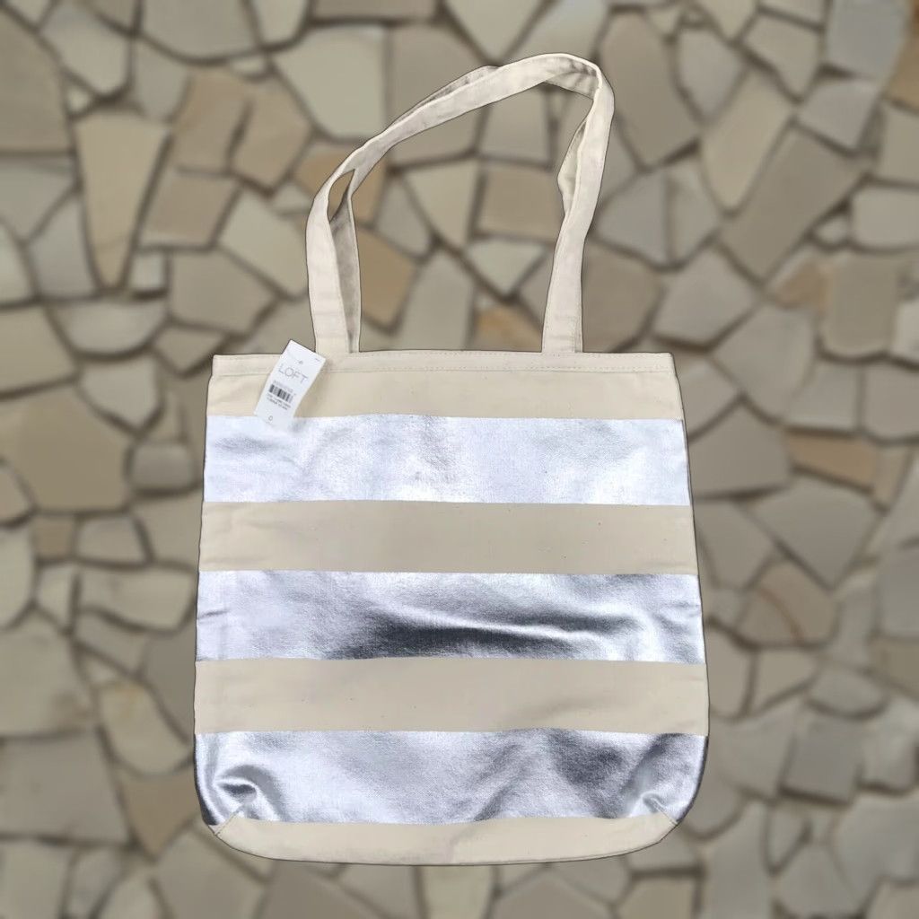 Ann Taylor Loft Beige Silver Striped Canvas Tote Bag 13.5X14 Women