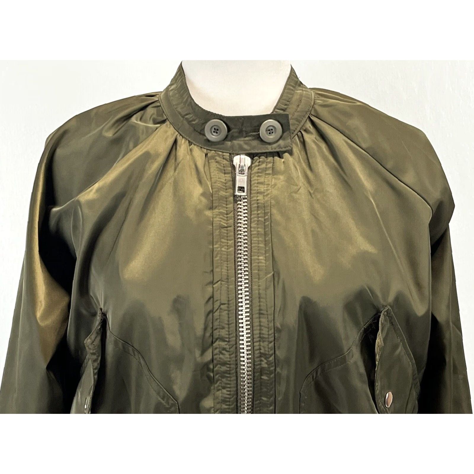 Free People VINTAGE Free People Midnight Satin Bomber Jacket XS Olive Green Crop Womens Short Zip Satin Bomber Jacket Size XS / US 0-2 / IT 36-38 - 5 Thumbnail
