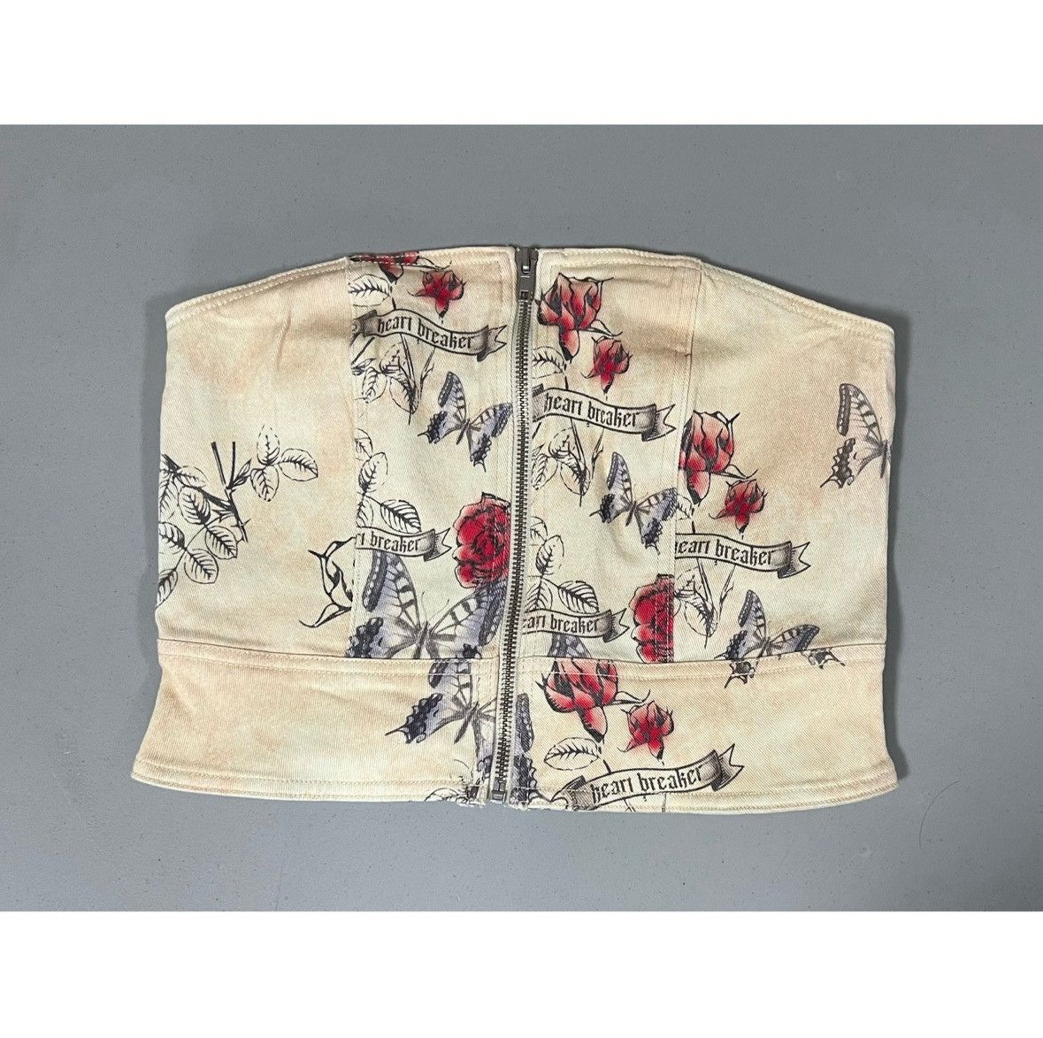Ed Hardy Tan Denim ‘Heartbreaker’ Floral Butterfly Tube Top Size M ♥️✨ Size M / US 6-8 / IT 42-44 - 1 Thumbnail