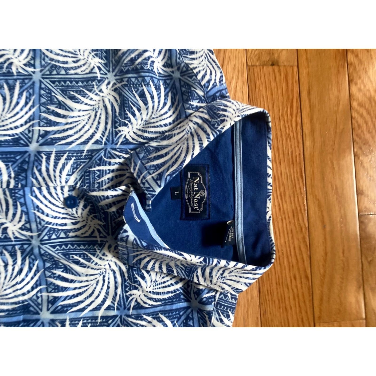 Nat Nast NAT NAST Camp Shirt Navy Blue Tropical Floral Silk Cotton 70% Silk 30% Cotton Button-Up Collared Mens Large SS Size US L / EU 52-54 / 3 - 3 Thumbnail