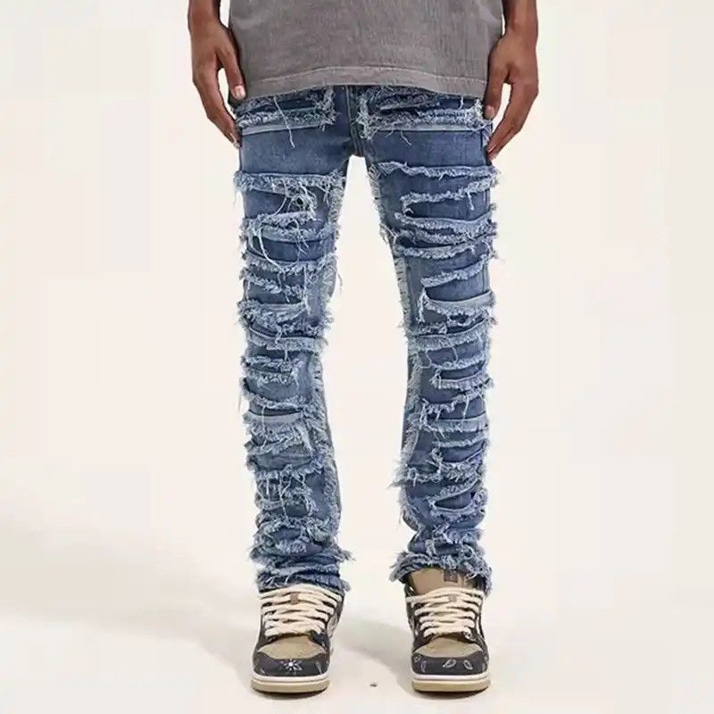 image of Distressed Denim Blue Color Hip Hop Loose Denim Trousers Vibe Style, Men's (Size 34)