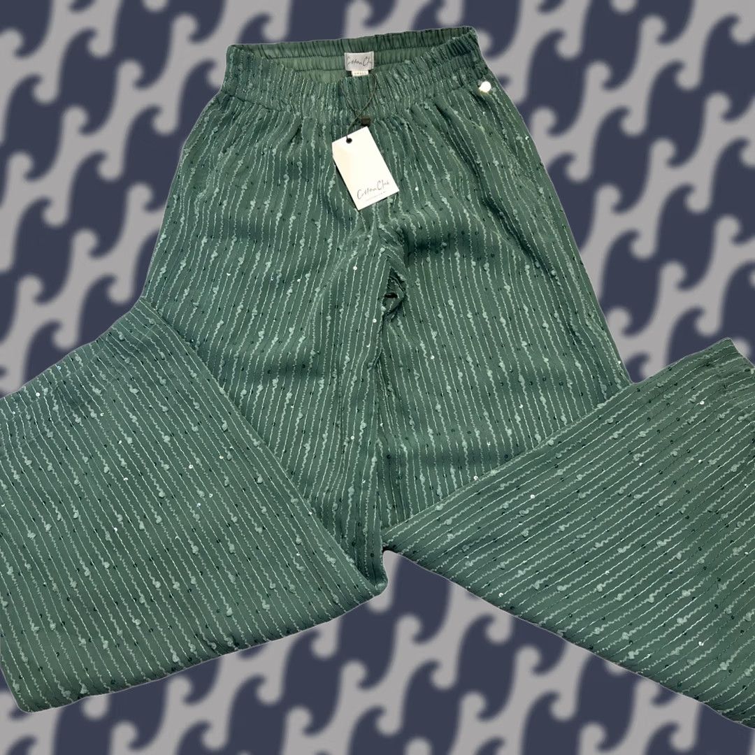 Vintage Cotton Club Pants Wide-Leg Palazzo NWT Sage Green Sequin Textured Knit Cotton S Size 28" / US 6 / IT 42 - 1 Thumbnail