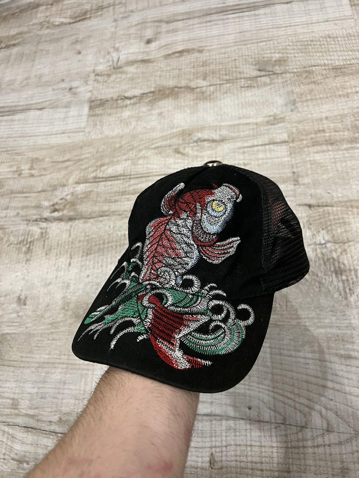 Pre-owned Ed Hardy X Vintage Japan Style Ed Hardy Cap Carp Y2k Drill In Black