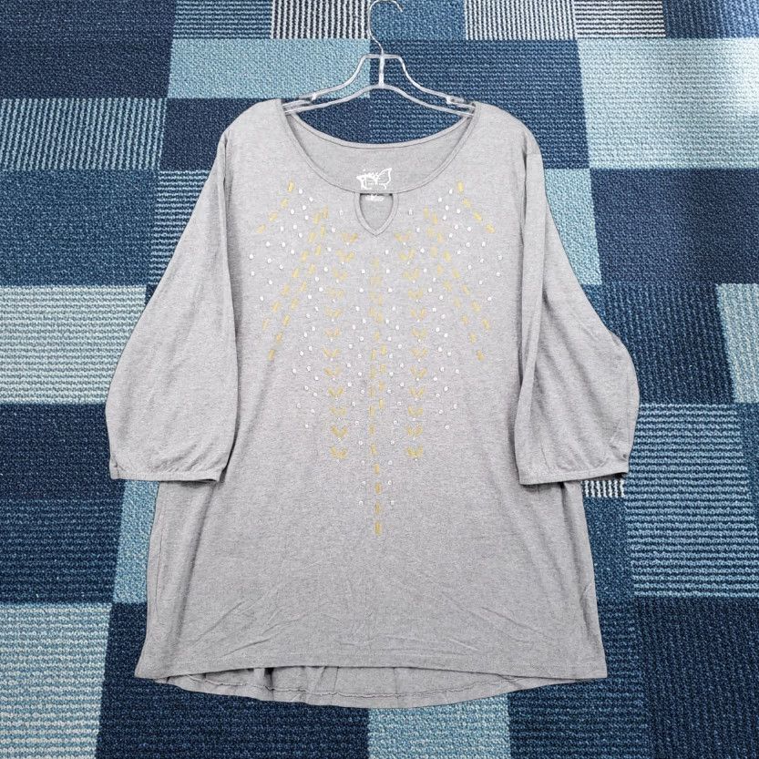 Vintage JMS Blouse Womens 2X Plus Gray Tunic Rhinestones 3/4 Sleeves Viscose Blend Size XXL / US 16-18 / IT 52-54 - 1 Thumbnail