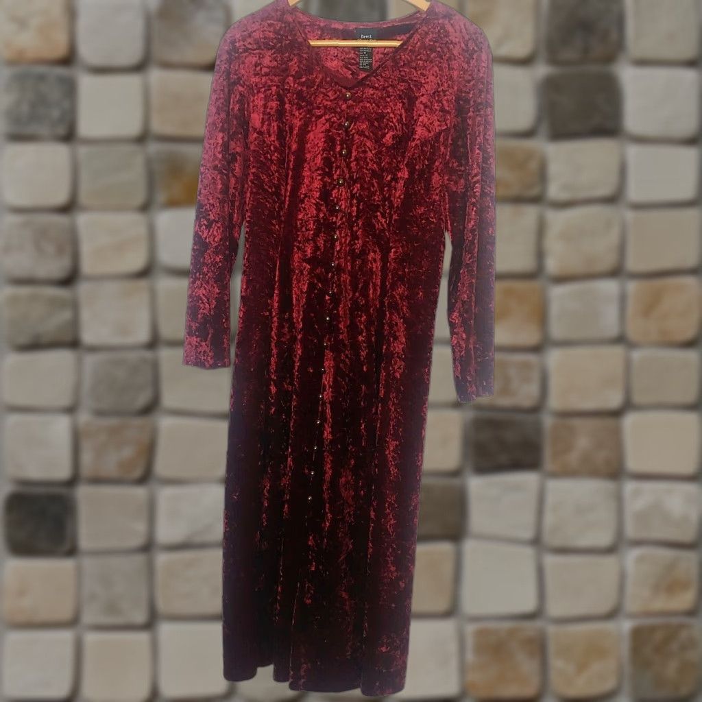 Velour VINTAGE Brett Alixander Dress Maroon Velour Button Up Gothic Renaissance Women Long Sleeve V-Neck Maxi 18 90s Theme Size XXL / US 16-18 / IT 52-54 - 1 Thumbnail