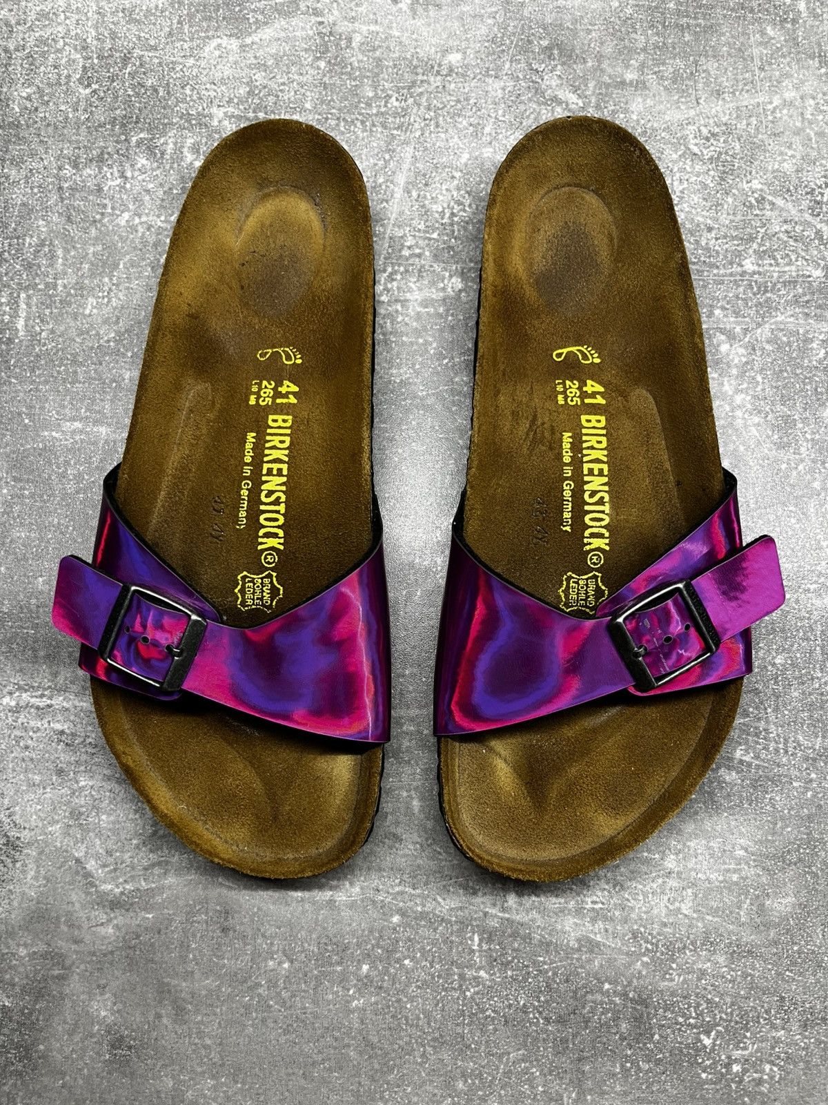 Birkenstock BIRKENSTOCK SUEDE SOLE-PINK HOLOGRAPHIC MADRID SLIDERS Size US 11 / IT 41 - 1 Thumbnail