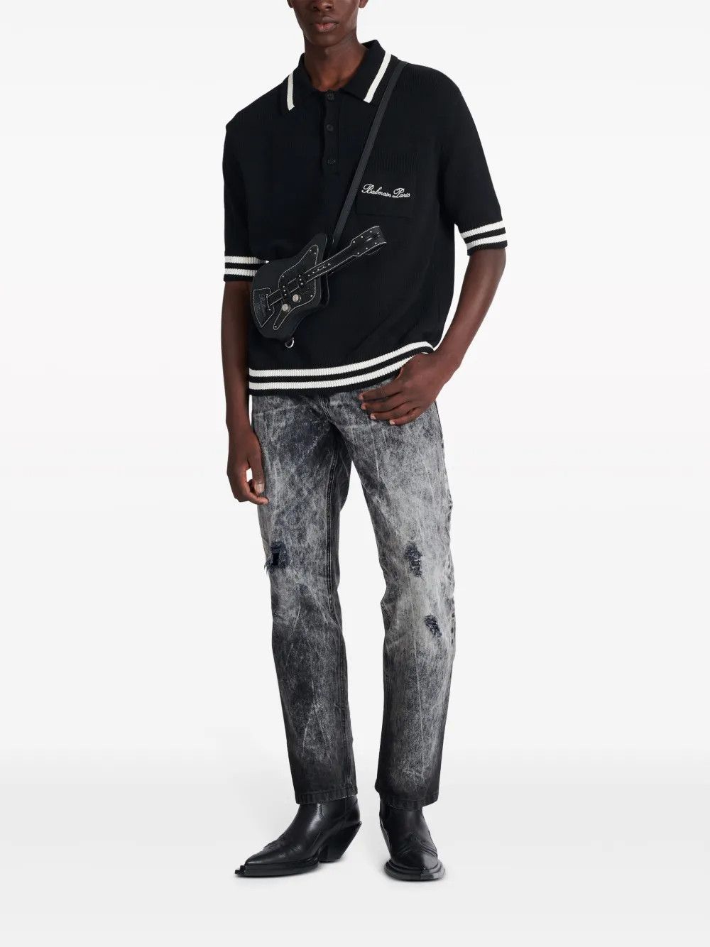 Balmain o1s1wg110925 Logo Embroidered Striped Polo Shirt in Black Size US M / EU 48-50 / 2 - 6 Thumbnail