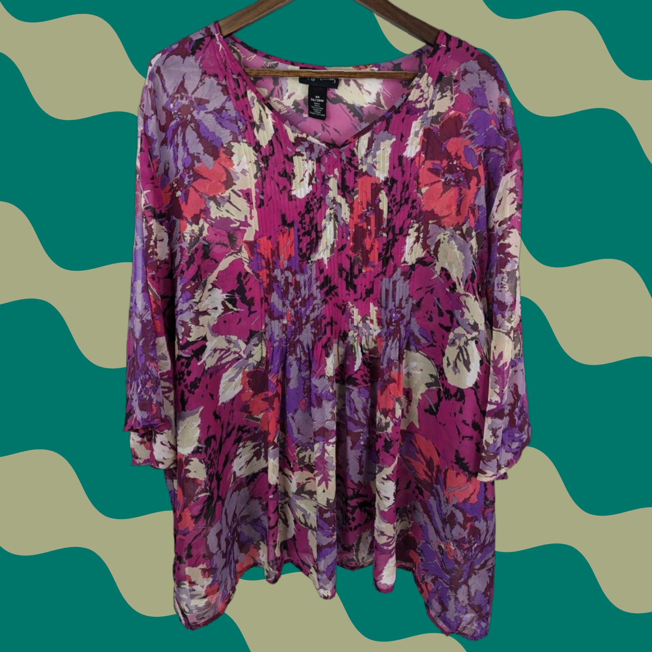 Vintage Maggie Barnes Purple Abstract Top Womens Size 3X 26/28 Short Sleeve Ruffle Blouse V-Neck Paisley Flutter Sleeve Polyester Plus Shirt Size XXL / US 16-18 / IT 52-54 - 1 Thumbnail
