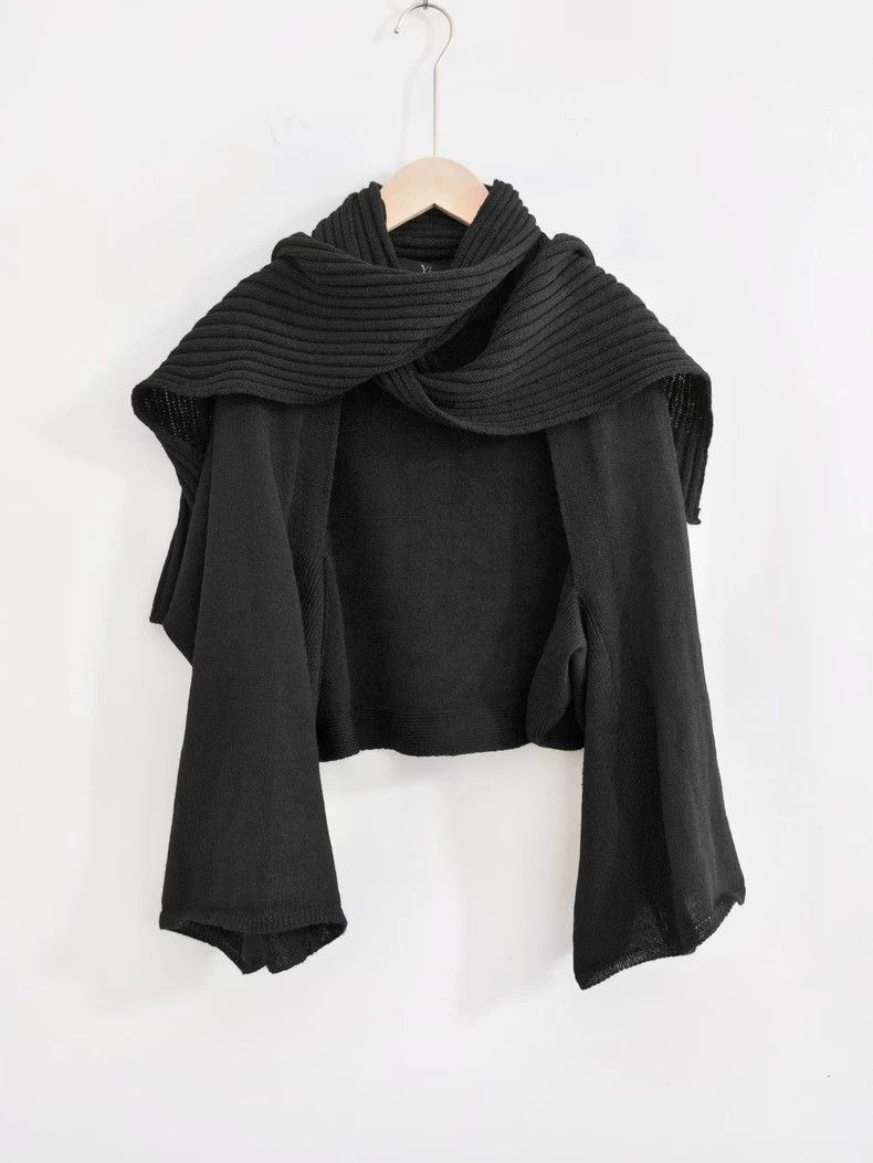 Black Wool Knit Cardigan with Scarf