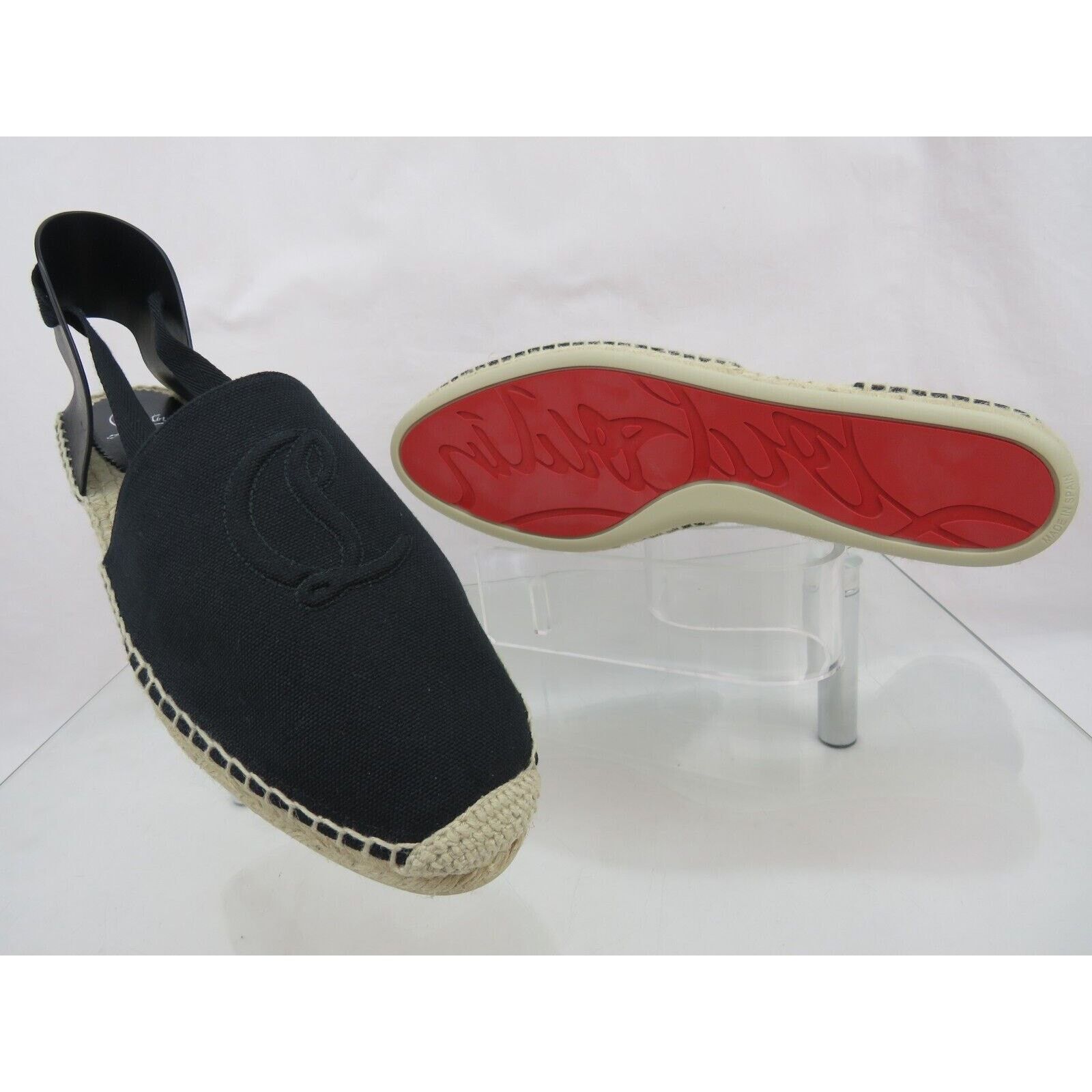 Christian Louboutin NANOU BLACK LEATHER CANVAS CL LOGO TIE ESPADRILLES FLATS 39 Size US 9 / IT 39 - 9 Thumbnail