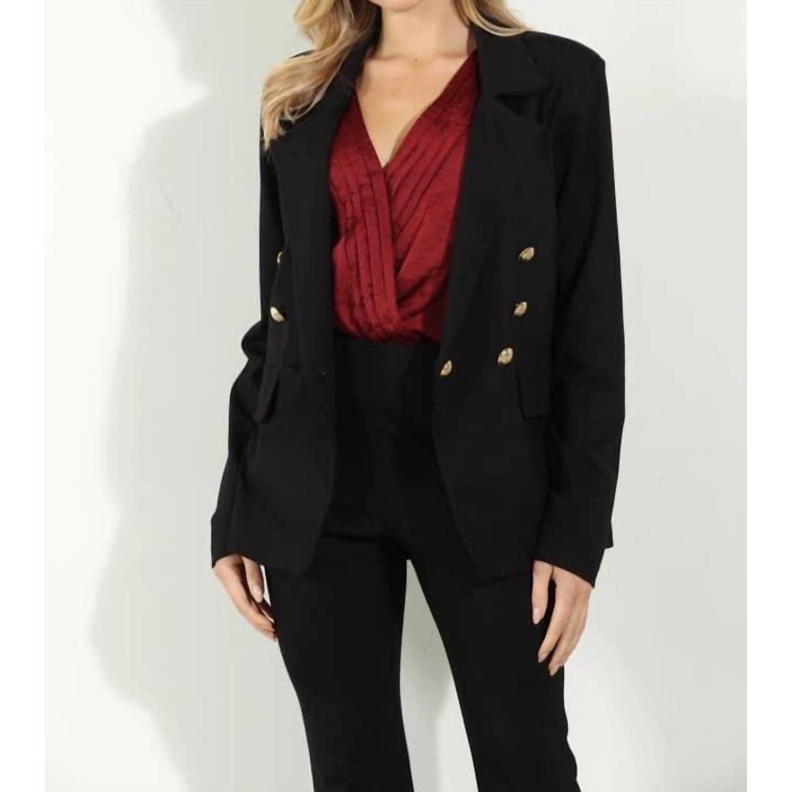 Designer VERONICA M Double Breasted Blazer With Gold Buttons In Black ...