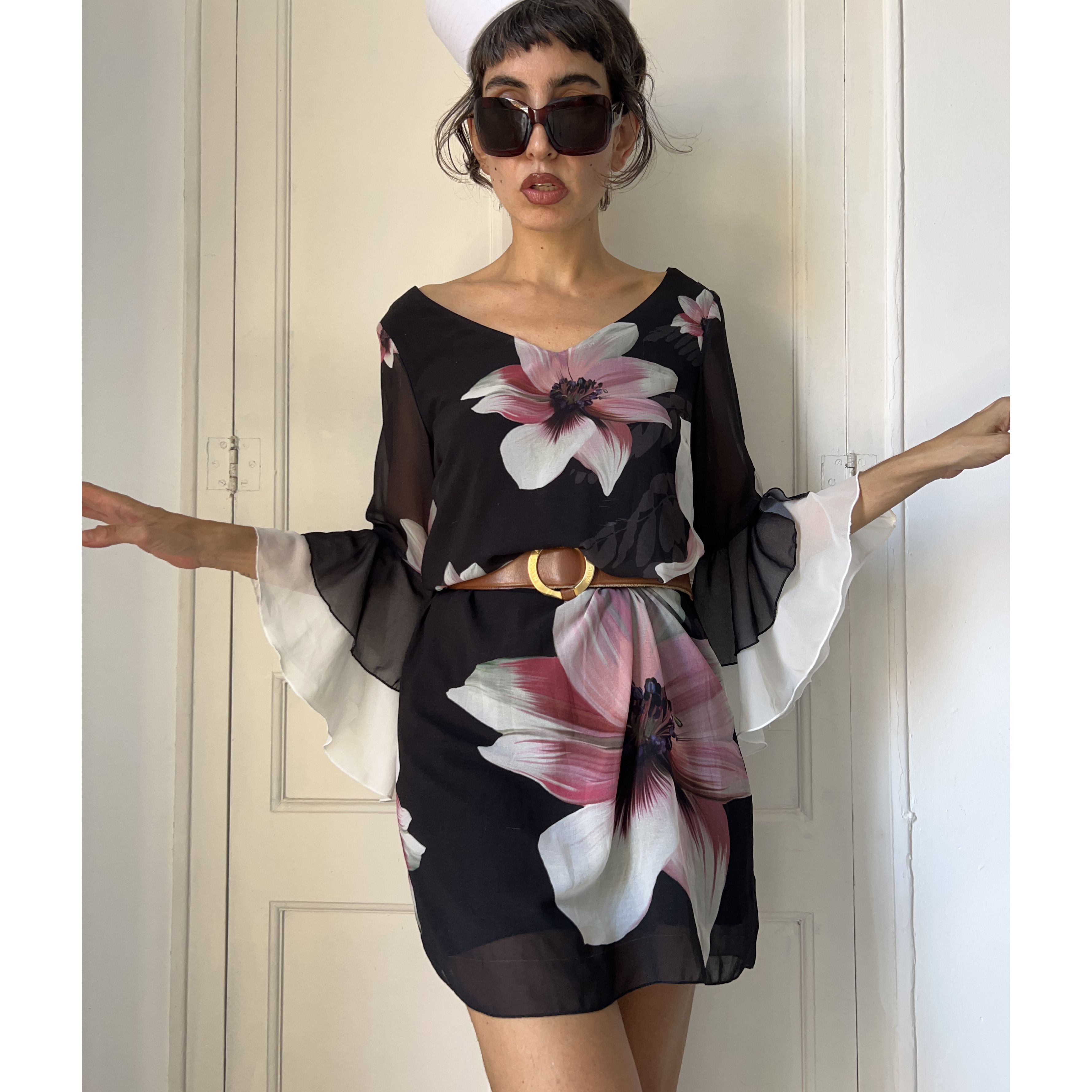 Vintage Vintage y2k ruffle sleeves black floral dress Size M / US 6-8 / IT 42-44 - 10 Thumbnail