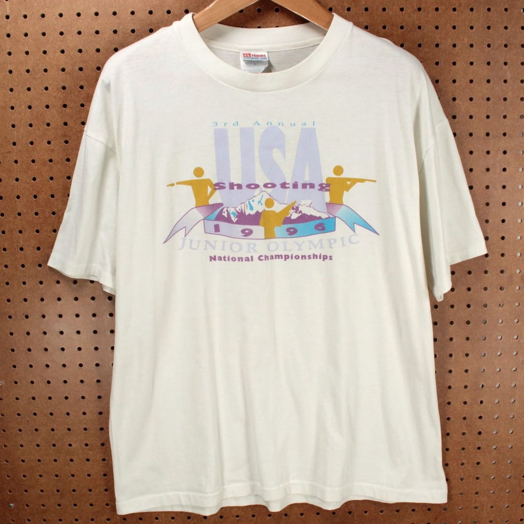 Hanes vtg 1996 USA SHOOTING JUNIOR OLYMPICS t-shirt XL white Hanes Unisex Adults Short Sleeve Crew Neck Cotton Blend Graphic Print Vintage 90s Size US XL / EU 56 / 4 - 3 Thumbnail