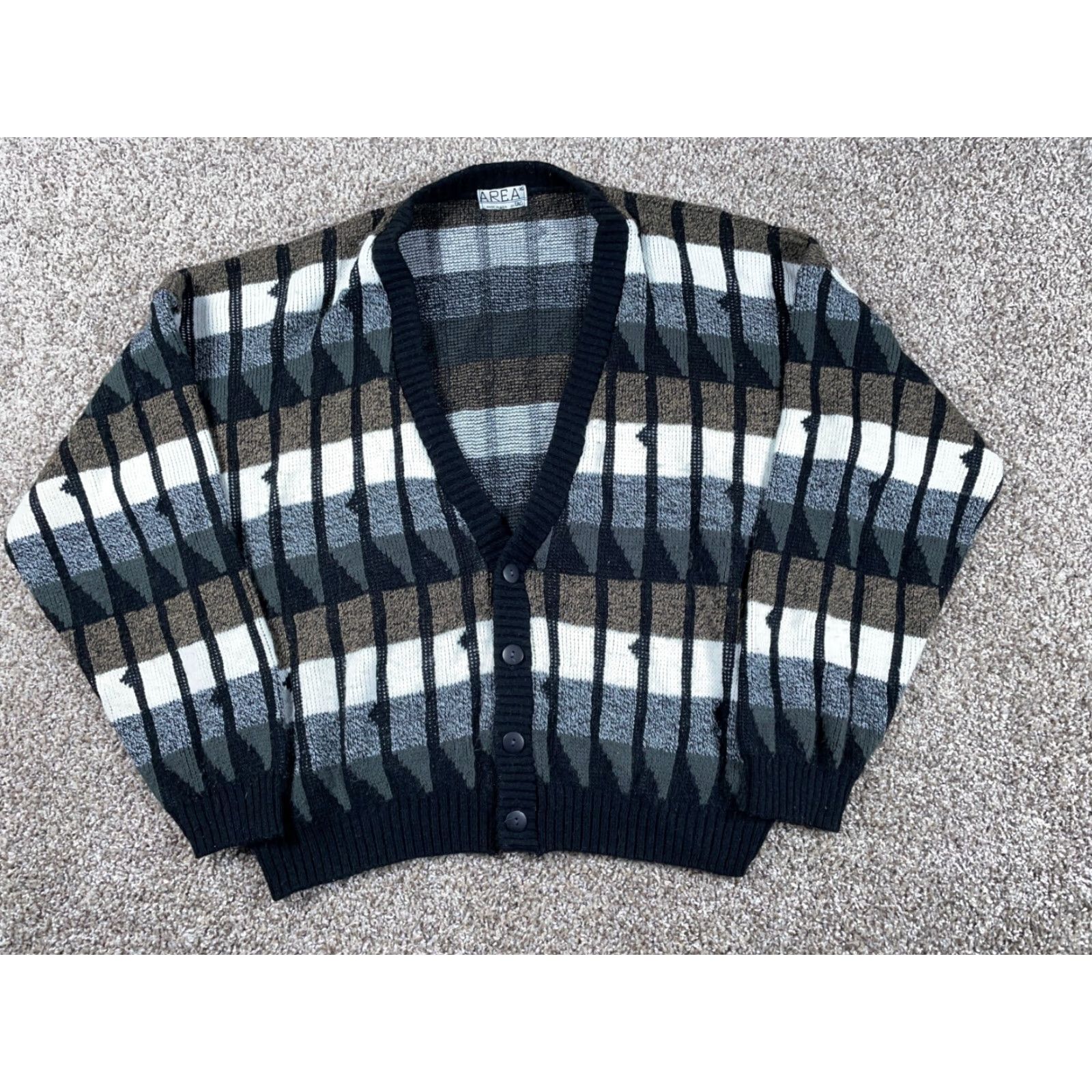 Area VINTAGE Area Men's XL Cardigan Sweater Geometric Pattern Knitted 80s Retro Hipster Black White Size US XL / EU 56 / 4 - 2 Thumbnail