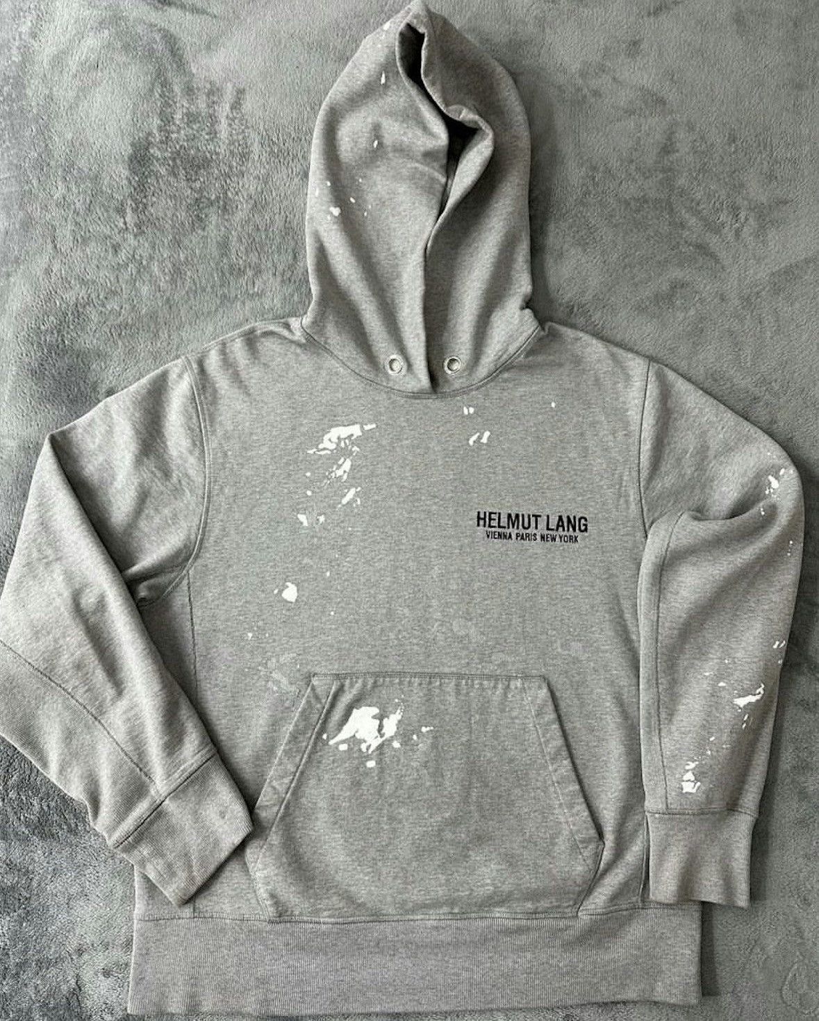 image of Helmut Lang Paint Splatter Embroidered Logo Silver Hoodie, Men's (Size Large)