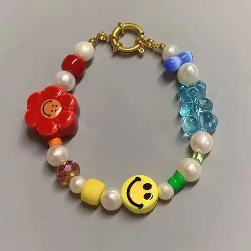 Jewelry Rainbow Gradient Smiley Face Bear Flower Beads Bracelet Size ONE SIZE - 5 Thumbnail