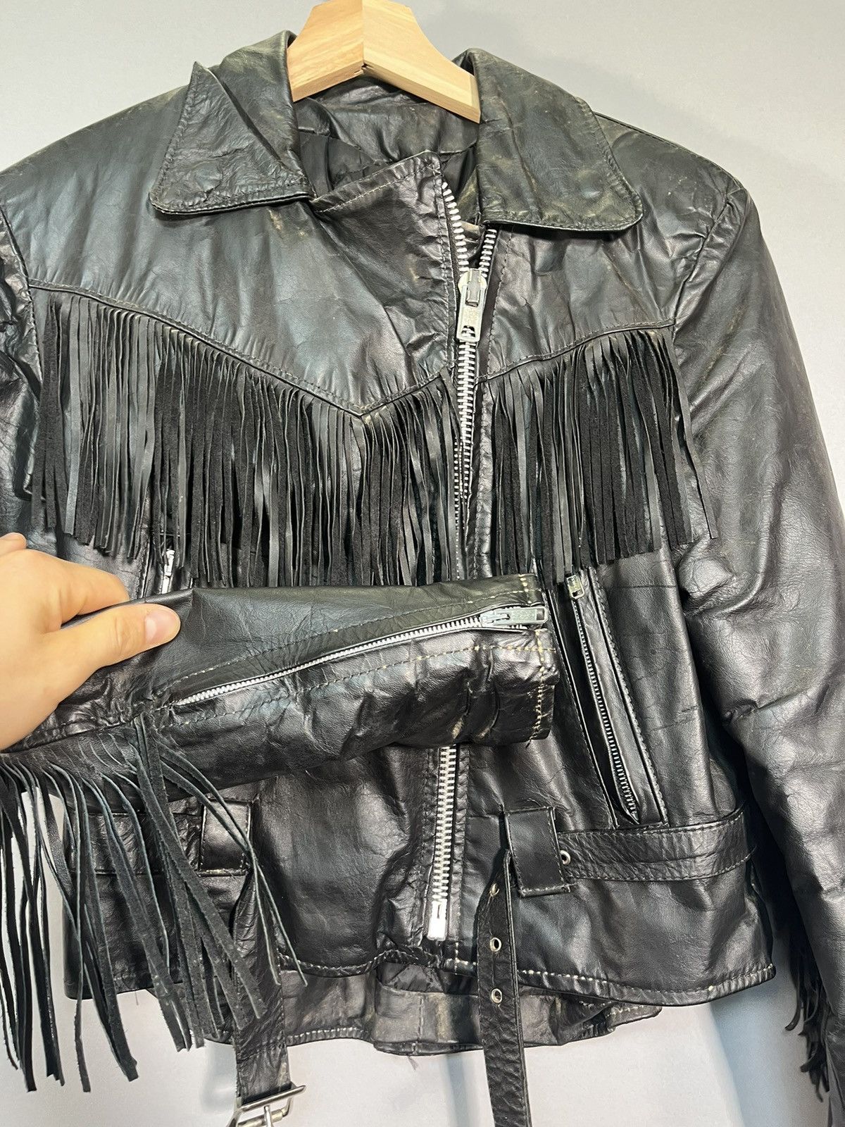 Vintage 1970s / 1980s Vintage Punk Fringe Leather Jacket Made in USA Size XL / US 12-14 / IT 48-50 - 10 Thumbnail