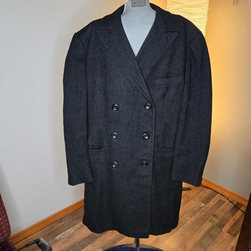 Designer Vintage Made in England Men's Wool Pea / Overcoat Black C2 Size US L / EU 52-54 / 3 - 6 Thumbnail