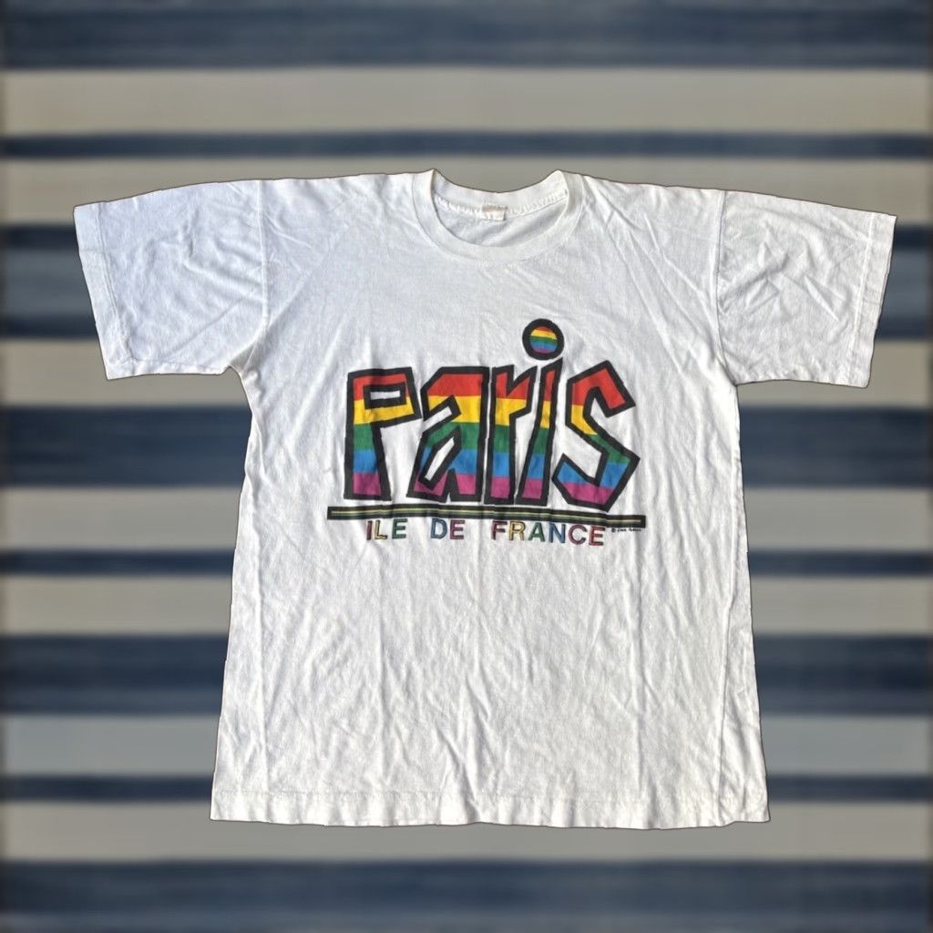 Rainbow VINTAGE 80s Paris France Rainbow Tourist Souvenir T-Shirt Large White Cotton Crew Neck Short Sleeve Men Size US L / EU 52-54 / 3 - 1 Thumbnail