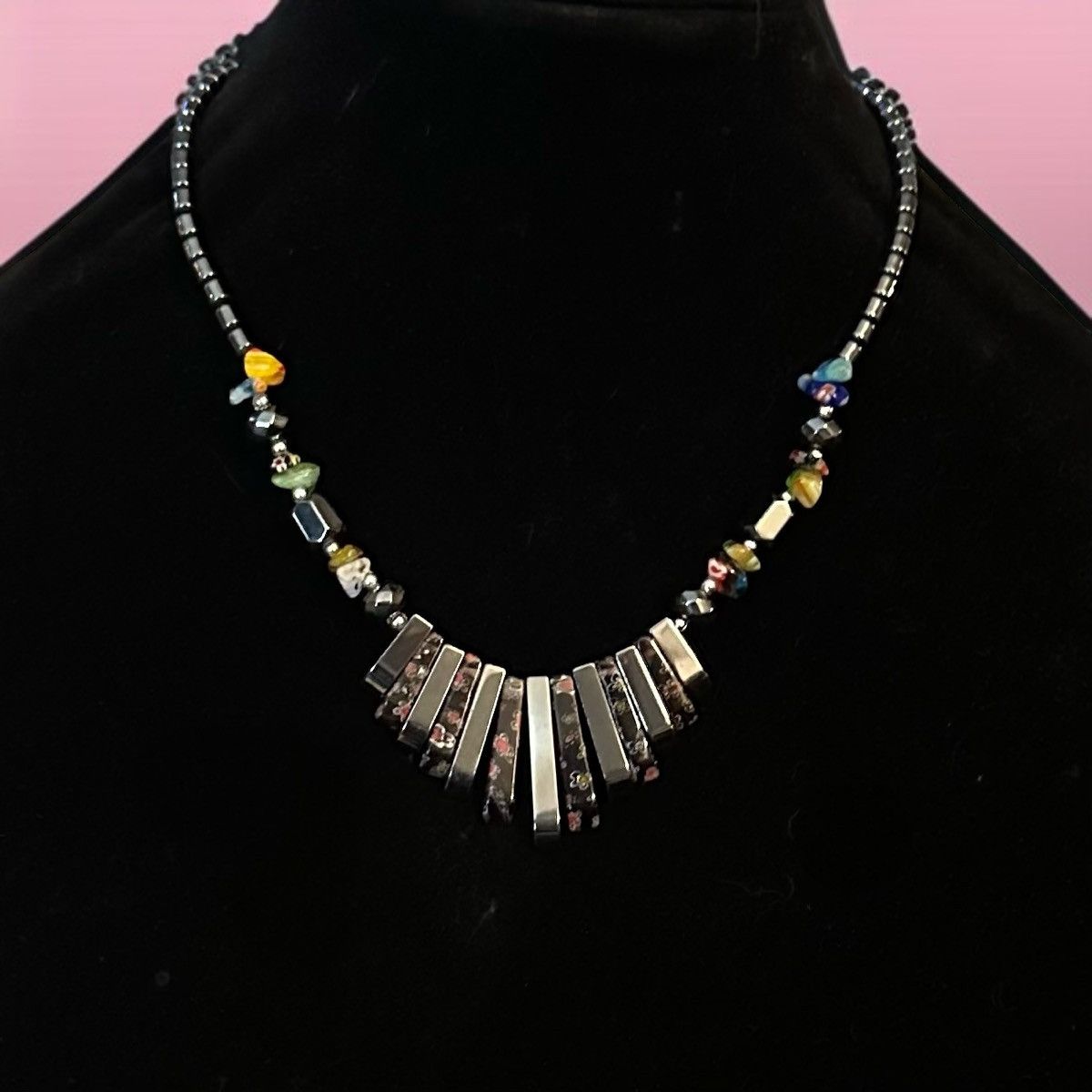Other Artisan floral hematite millefiori glass bead fringe necklac Size ONE SIZE - 1 Thumbnail