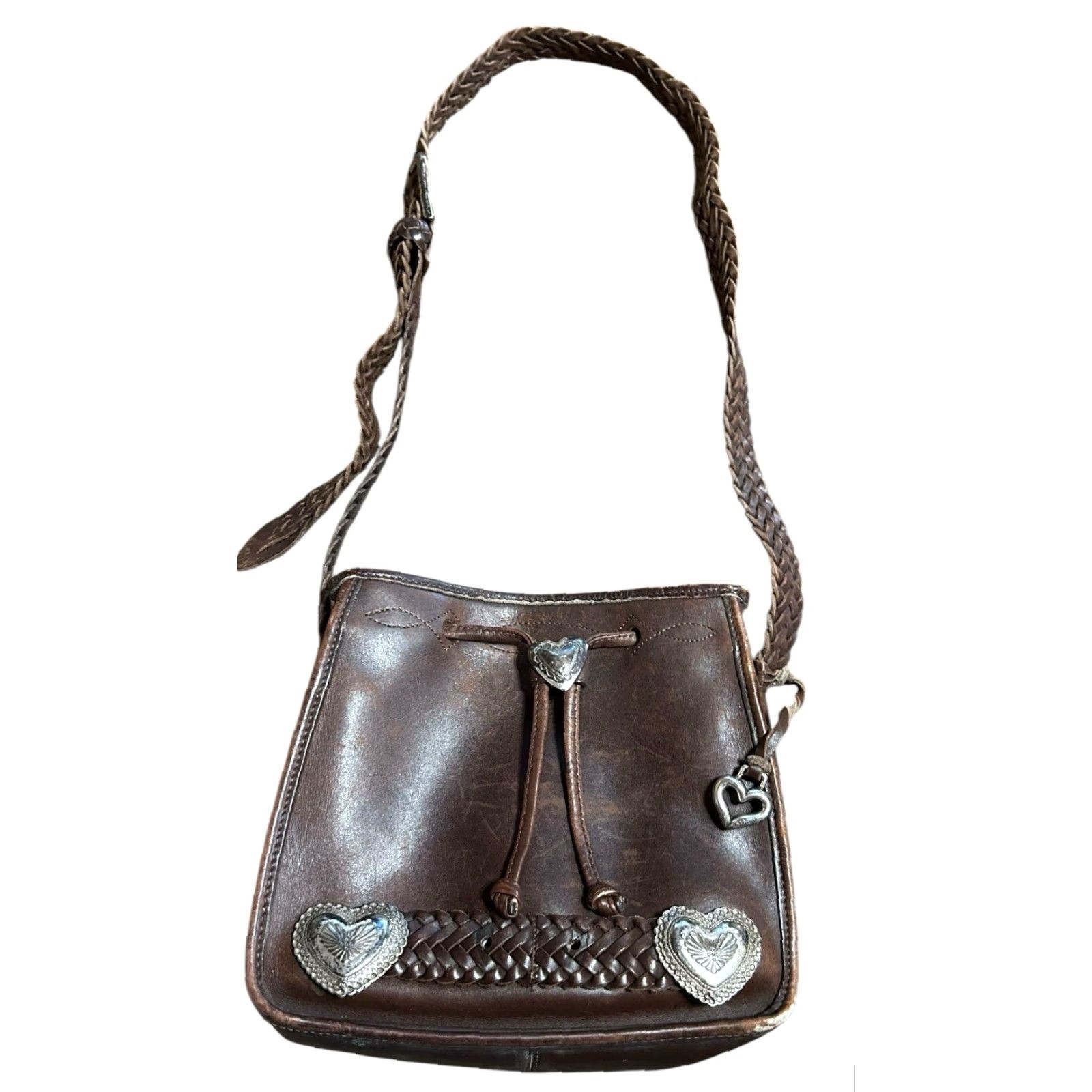 Brighton VINTAGE Brighton Western Crossbody Purse Hearts Leather Brown Conchos Damaged Women Crossbody Bag Medium Brown Leather, Silver Hardware Women Size ONE SIZE - 2 Thumbnail