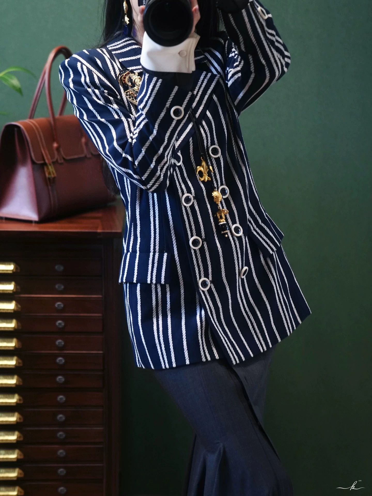 Yves Saint Laurent YSL Vintage Cotton Vertical Stripe Blazer Navy Size XS / US 0-2 / IT 36-38 - 9 Thumbnail