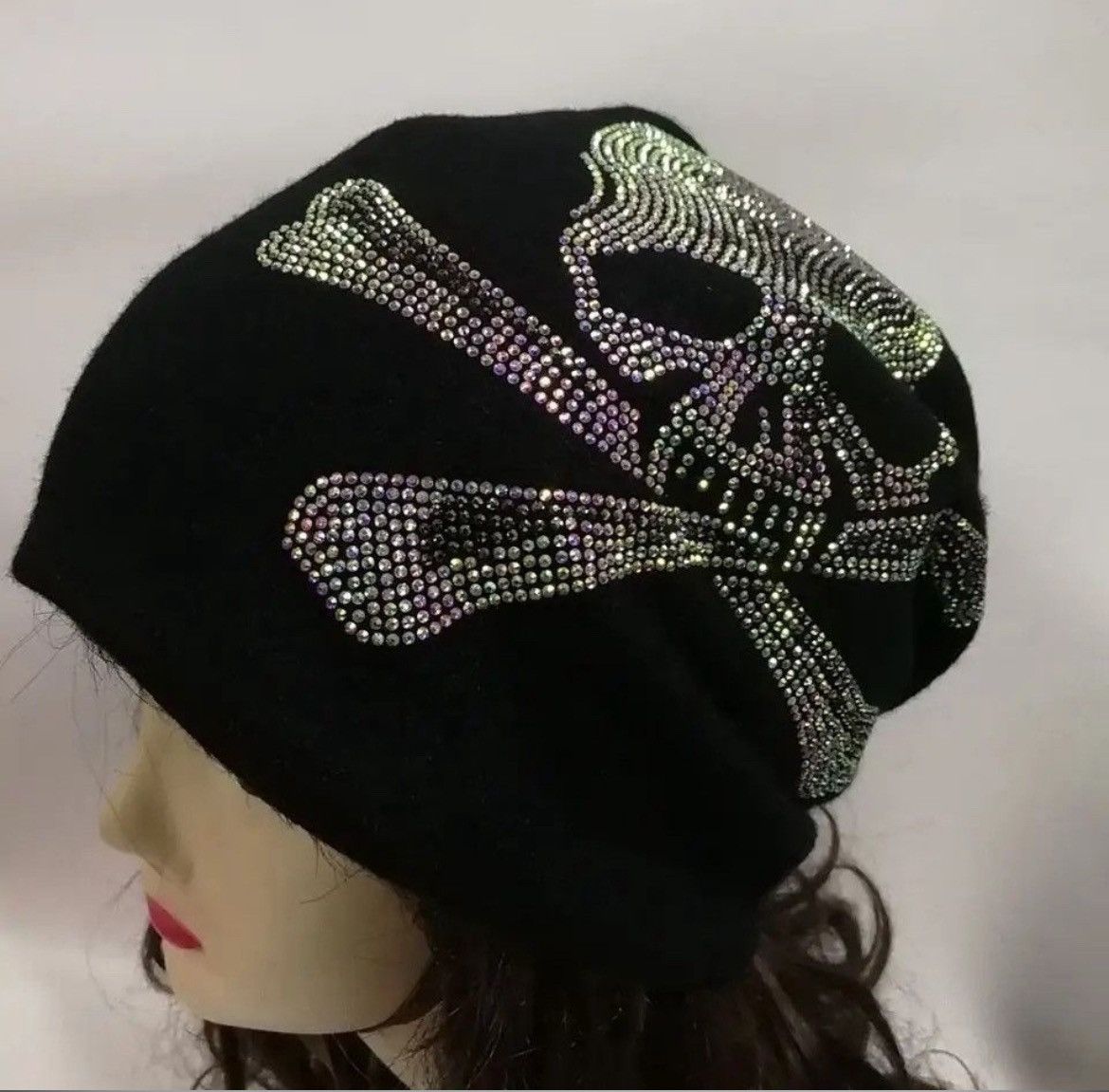 Japanese Brand × Vintage Gothic Black Skull Rhinestone Knitted Beanie Hats Size ONE SIZE - 2 Thumbnail