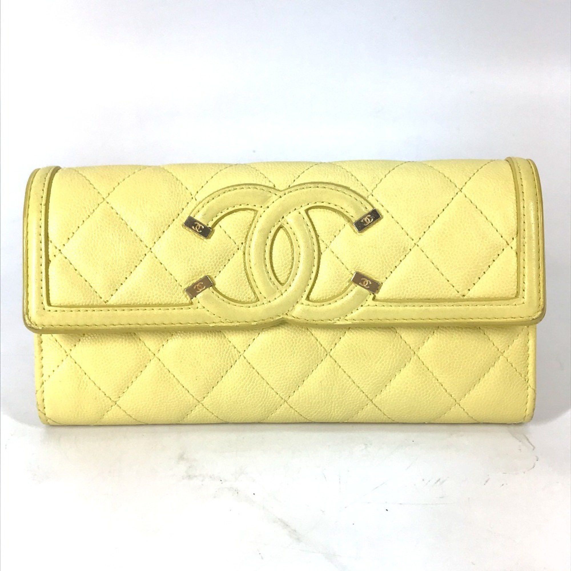 CHANEL Filigree CC Coco Mark Bifold Long Wallet in Caviar Leather Yellow