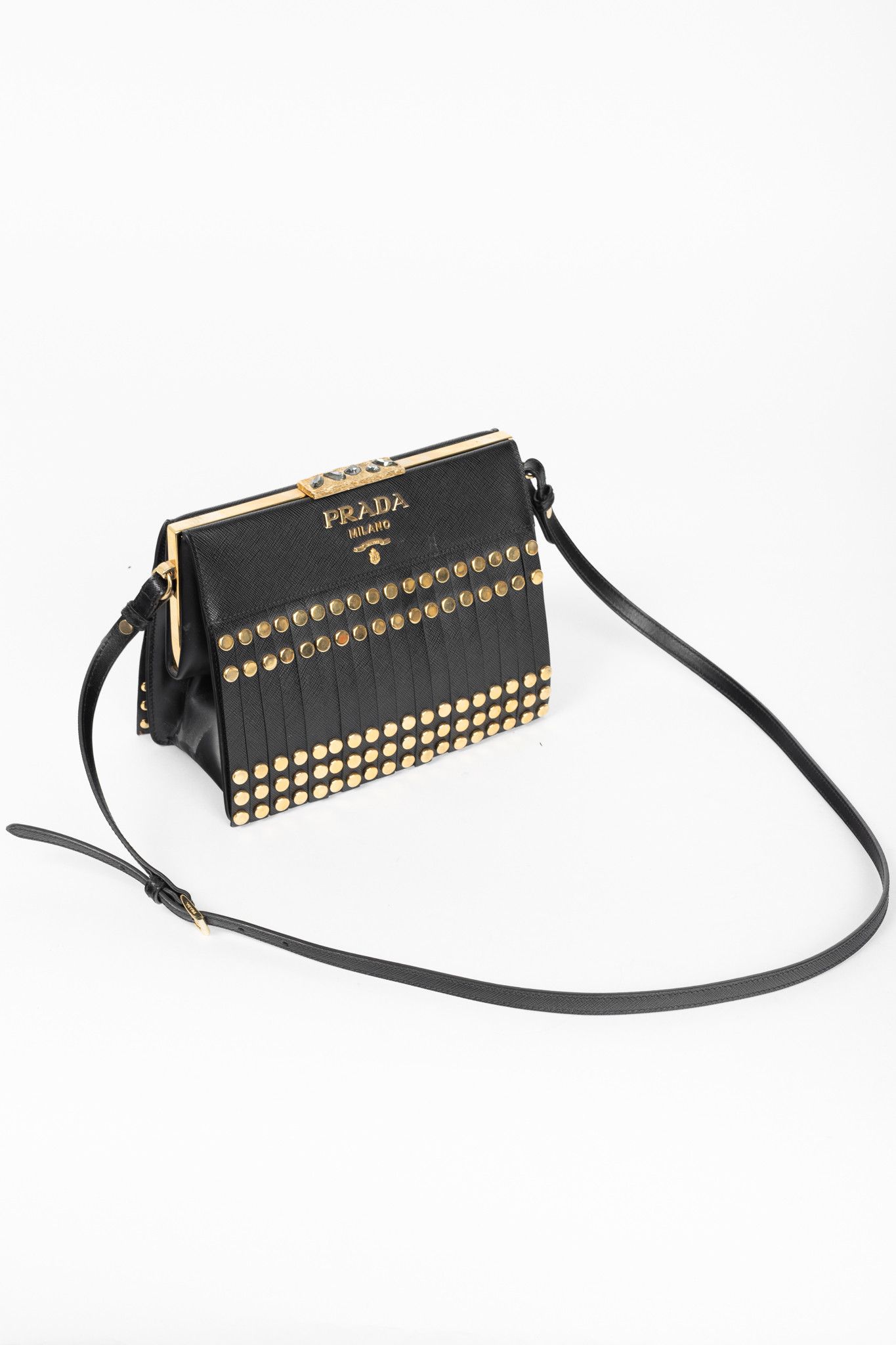 Prada Prada Saffiano Leather Studded Fringe Frame Shoulder Bag Size ONE SIZE - 6 Thumbnail